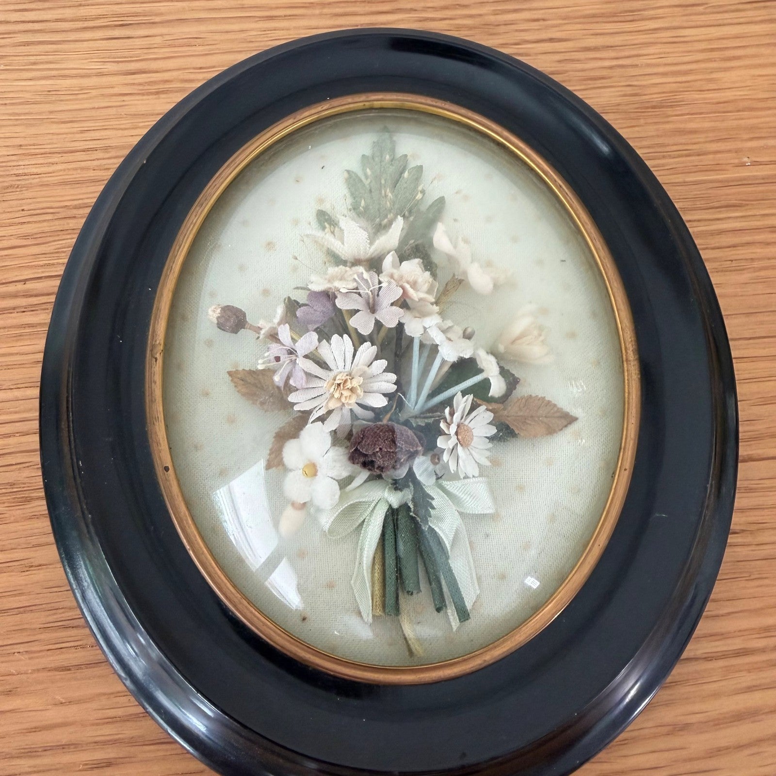 Antique French Napoleon III Silk Flower Reliquary Black Wood Frame 1408265 Fleamarketfrance
