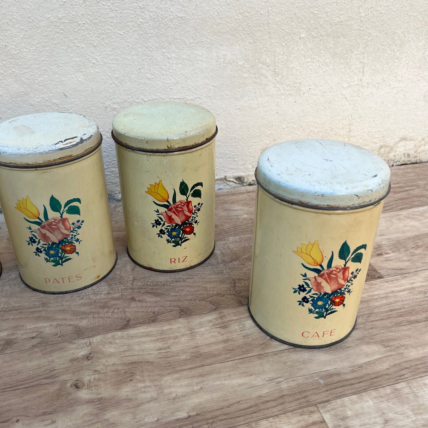 VINTAGE FRENCH METAL BOXS CANISTER SET  FLOUR SUGAR COFFEE RICE 2905241 - Fleamarketfrance