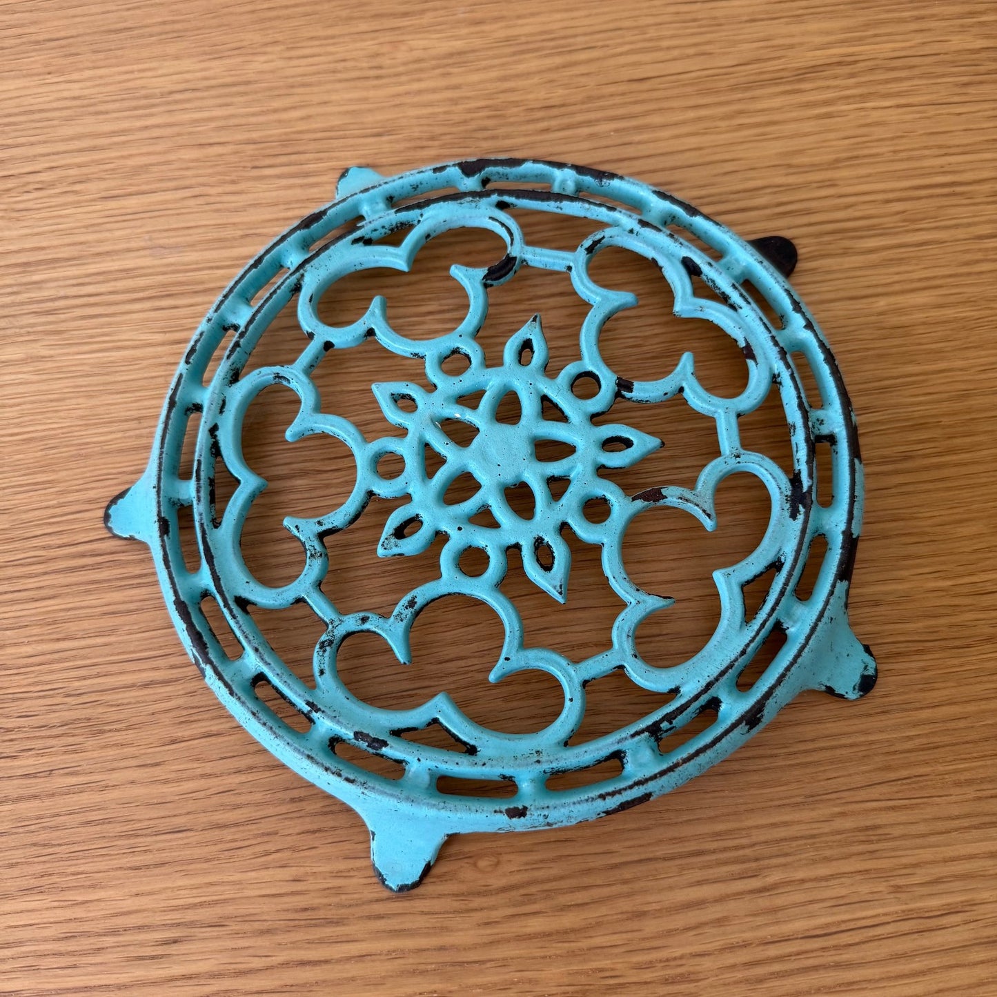 Antique vintage french Cast iron kitchen Trivet  france blue turquoise 2307254
