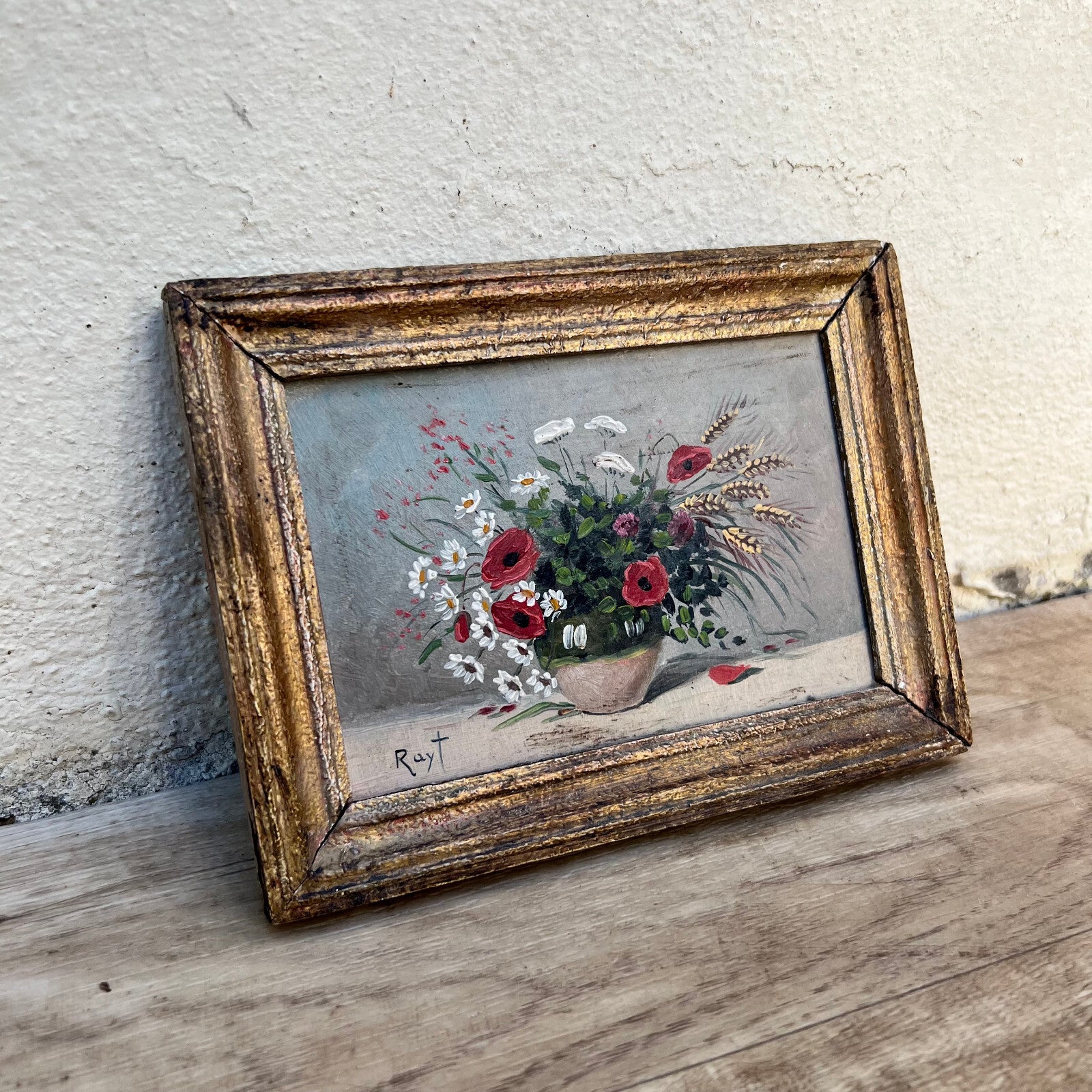 Small French still life flowers poppies painting framed and signed 0610243 Fleamarketfrance