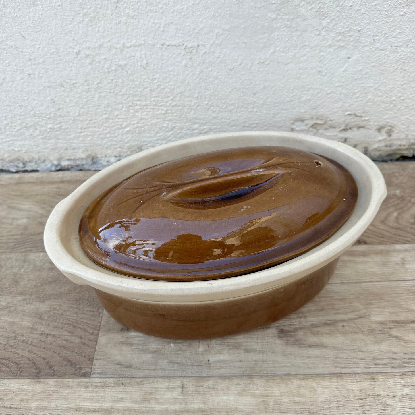 Vintage French Stoneware Terrine Brown Oval Casserole Dish Lid 12092427 Unmarked