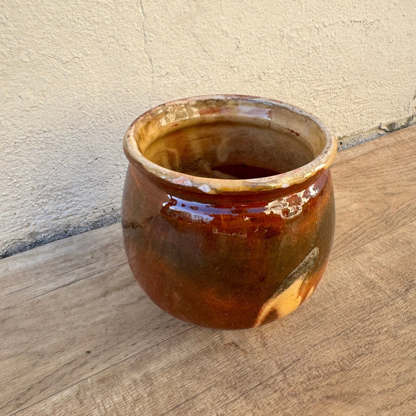 HANDMADE GLAZED BROWN YELLOW ANTIQUE FRENCH HONEY POT TERRACOTTA 1202254 - Fleamarketfrance