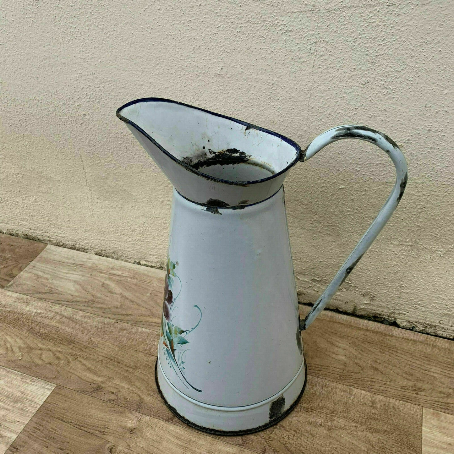 Antique French Enamelware Pitcher Purple Floral White Water Jug 0604194 Unbranded