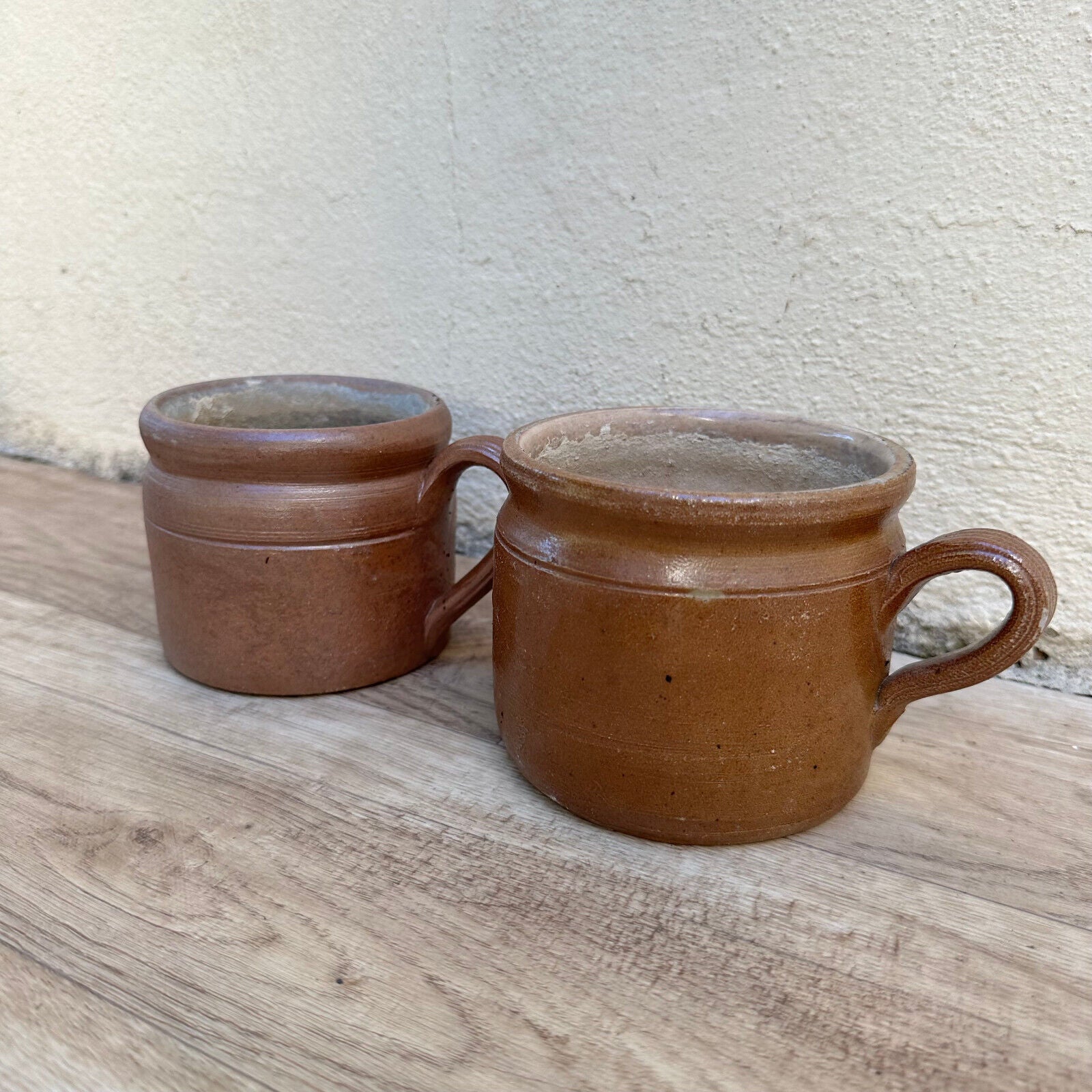 SET OF 2 FRENCH VINTAGE confit jug mug cup glazed brown 01112317 - Fleamarketfrance