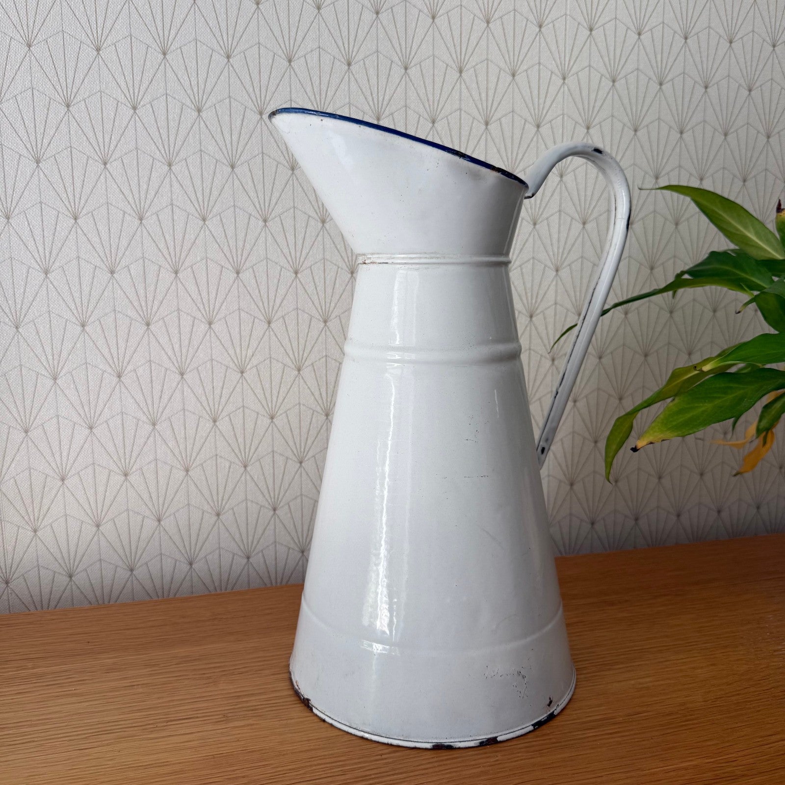 Antique French Enamel Pitcher White Blue Trim Water Jug Farmhouse 08072513 Fleamarketfrance