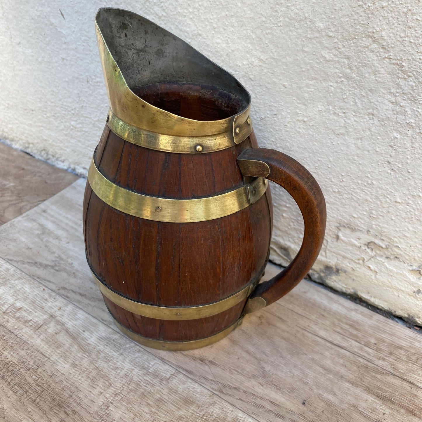 Antique French Wooden Wine Pitcher Staved Wood Brass Bands Cider Jug 07072610 Fleamarketfrance