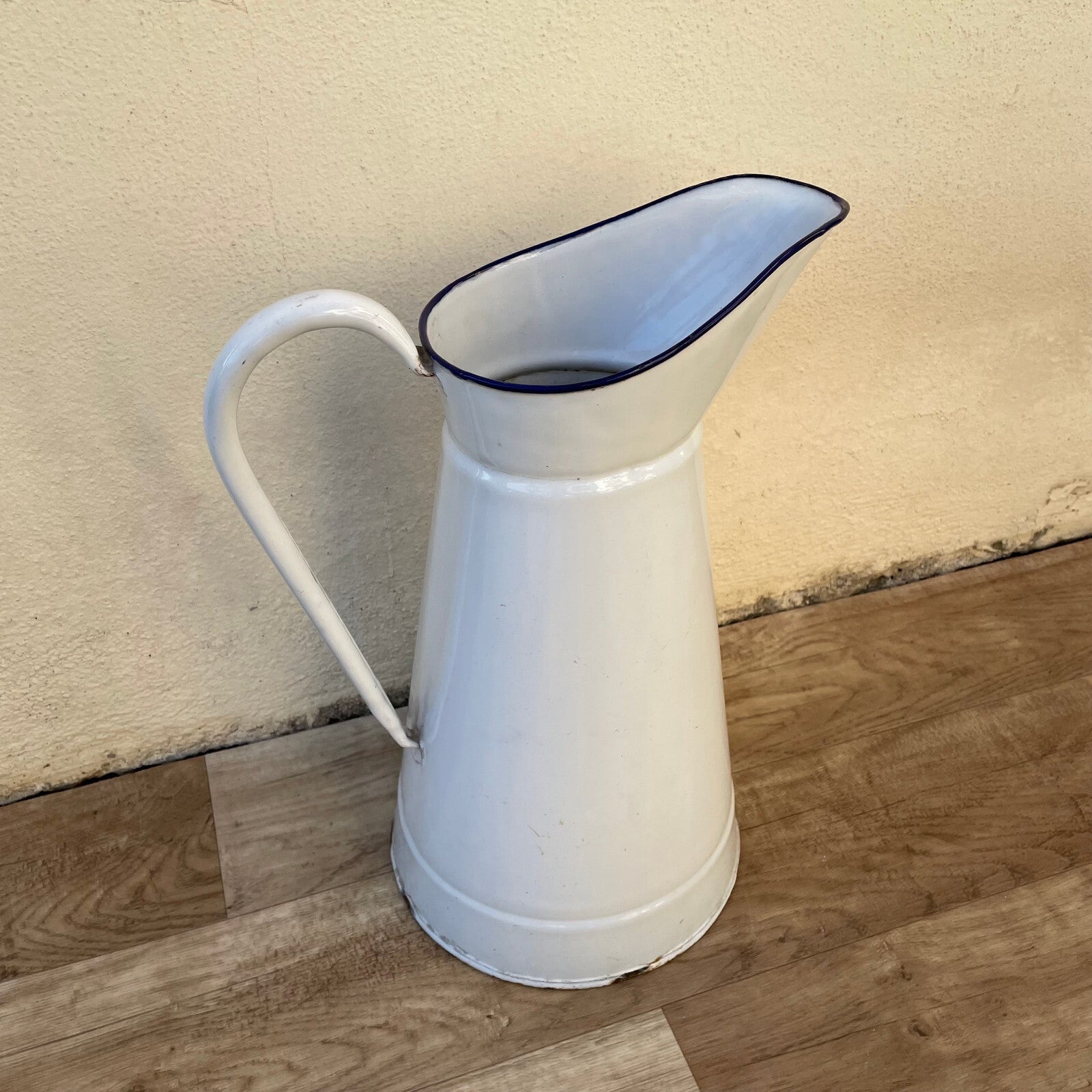 Vintage French Enamel Pitcher White Blue Rim Water Jug 36cm 14" 2210243 Fleamarketfrance