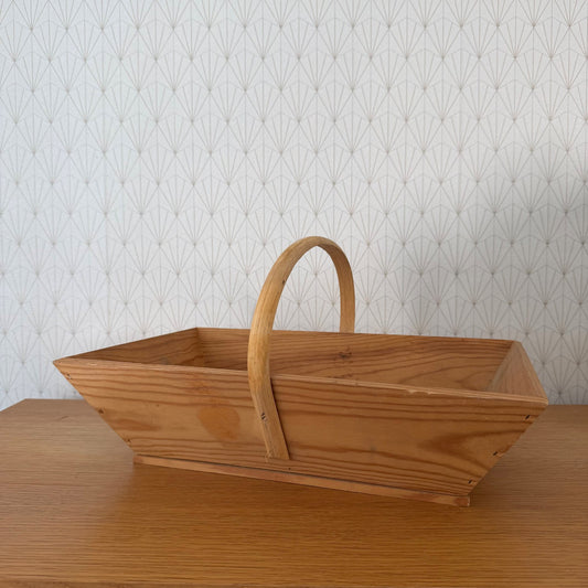 Vintage French wooden garden trug with arched bentwood handle, rectangular pine body