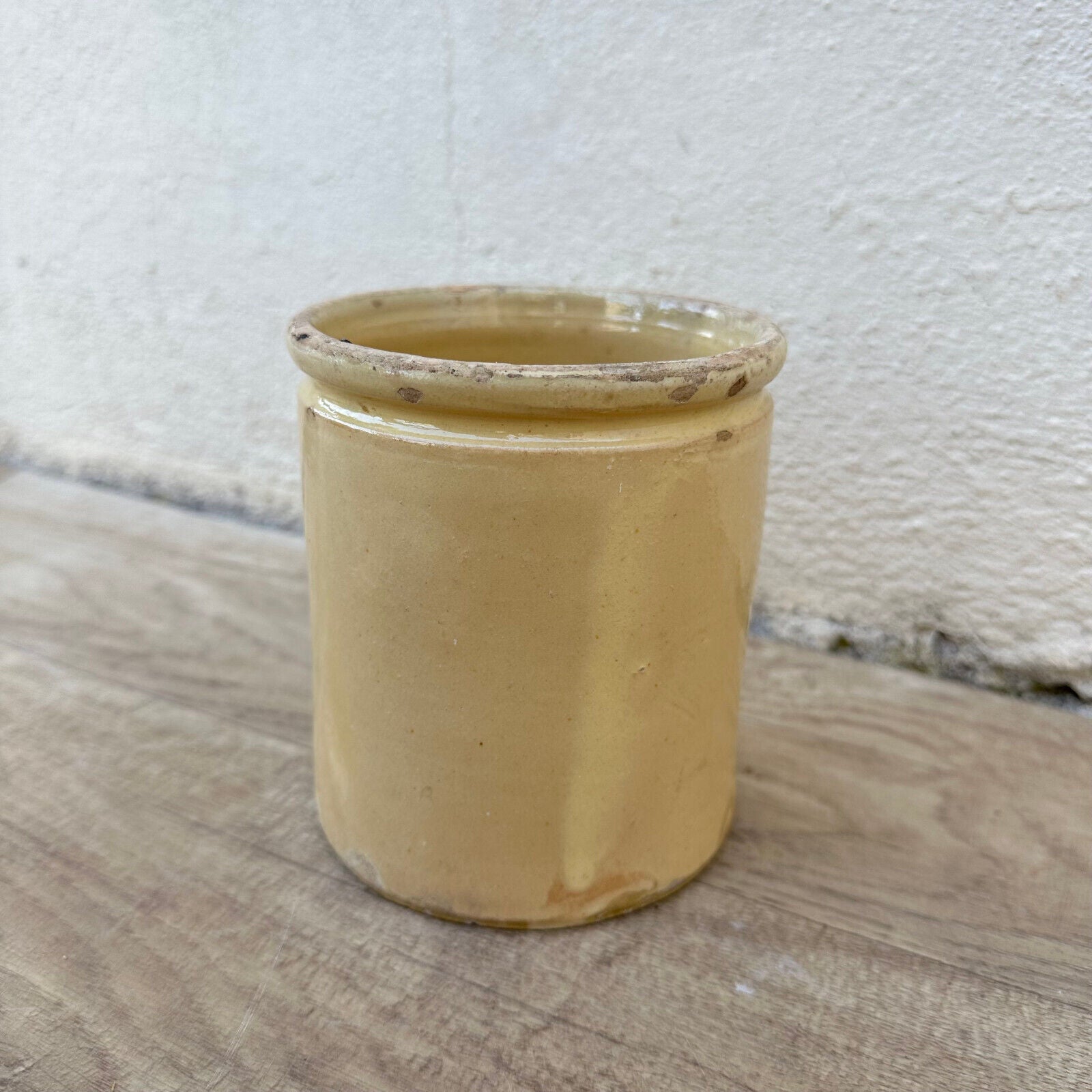 HANDMADE GLAZED YELLOW ANTIQUE FRENCH CONFIT JAM POT TERRACOTTA STAMPED 0706236 - Fleamarketfrance