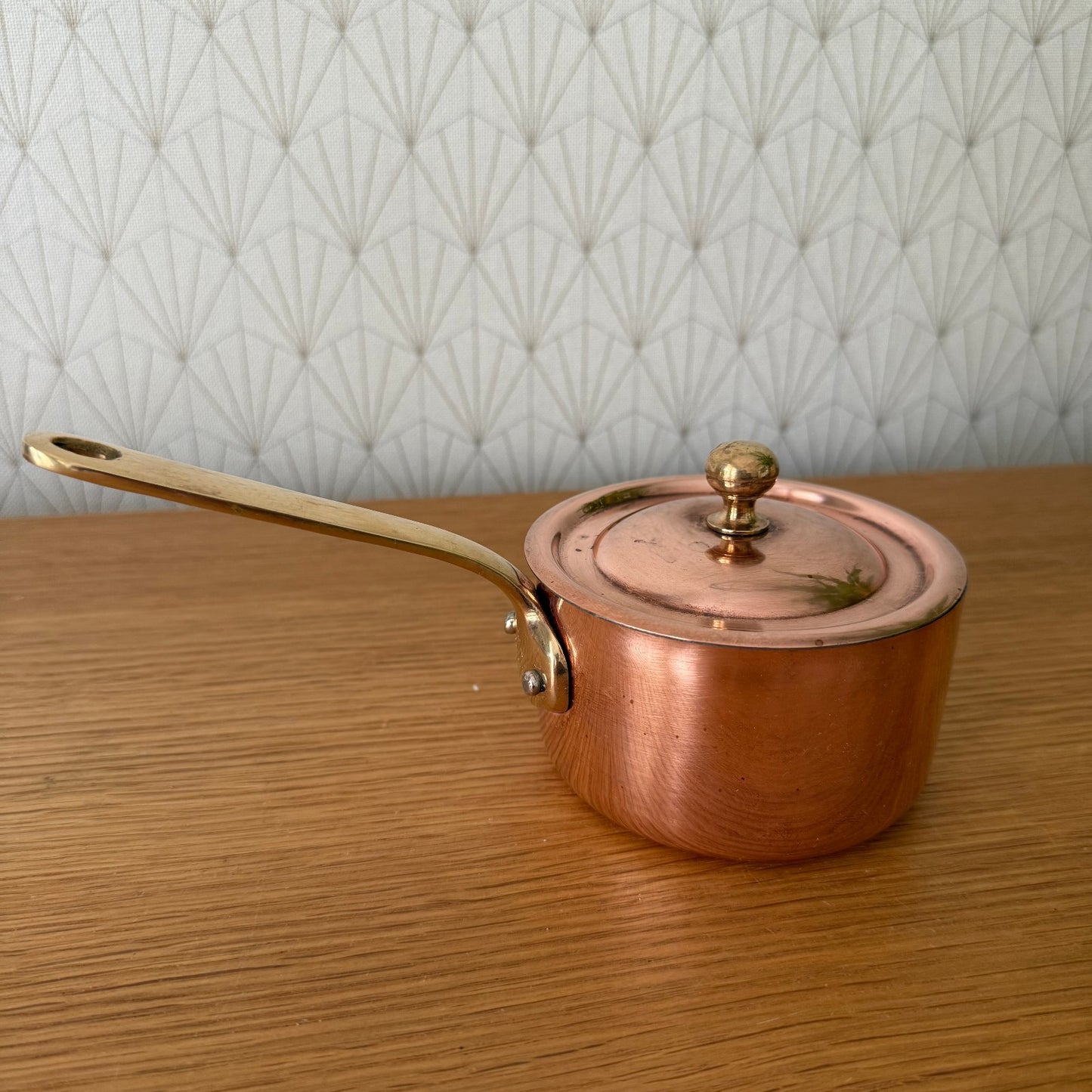 French Copper Saucepan Villedieu Brass Handle Lid Vintage 4" 25072510 villedieu