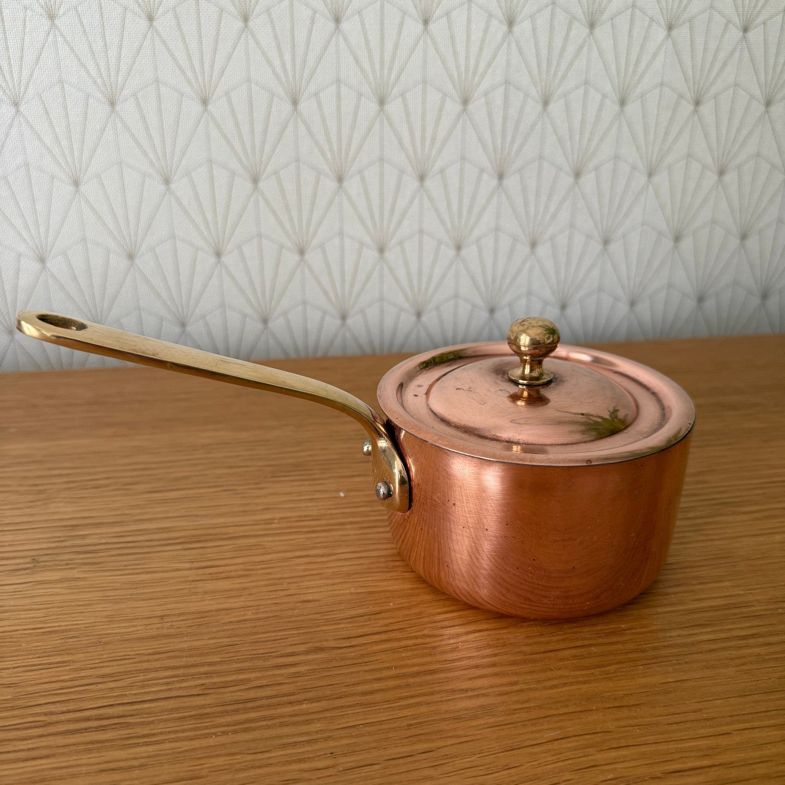 French Copper Saucepan Villedieu Brass Handle Lid Vintage 4" 25072510 villedieu