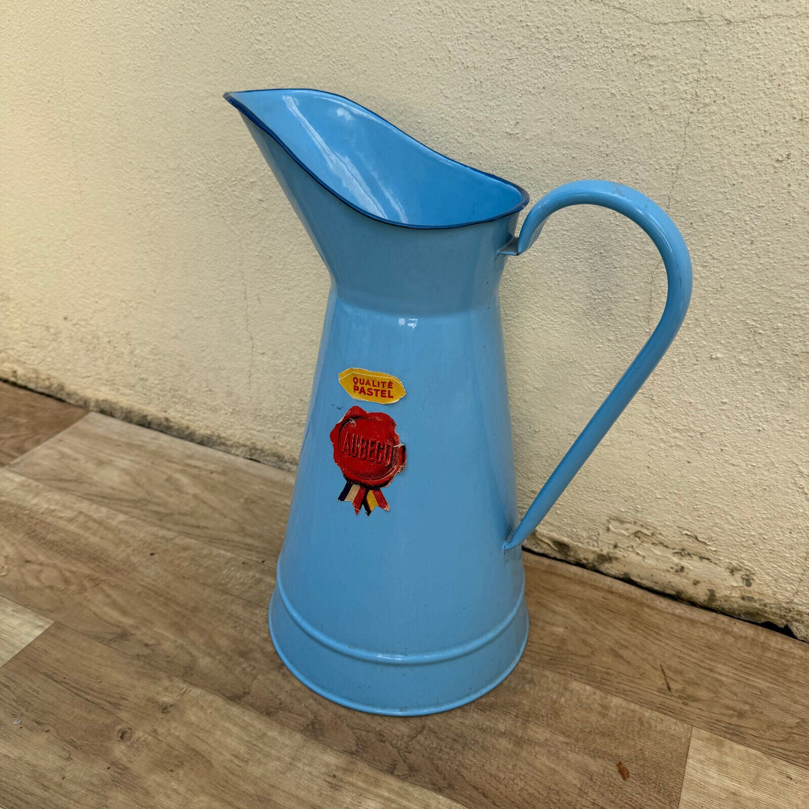 Vintage French Enamel pitcher jug water enameled blue with tags 1907241 - Fleamarketfrance