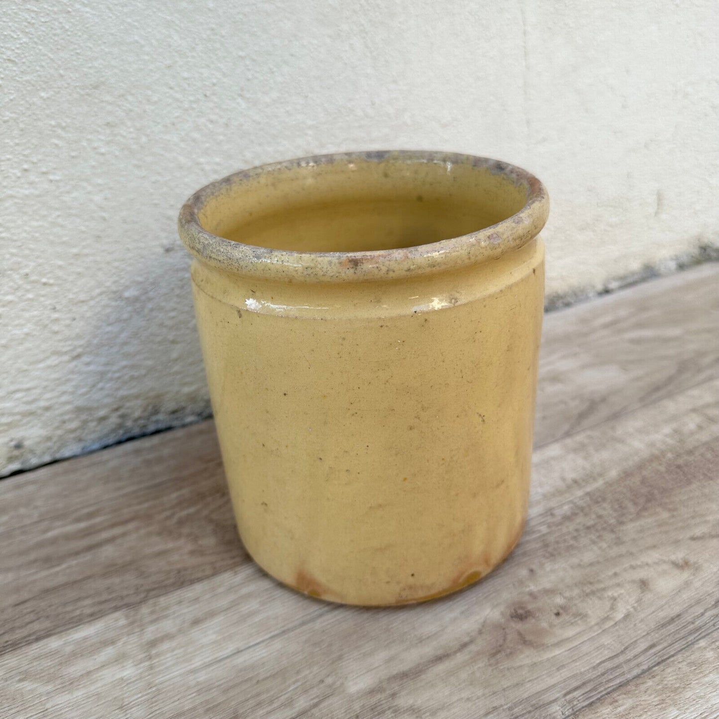 HANDMADE GLAZED BEIGE YELLOW ANTIQUE FRENCH JAM POT CONFIT 0503257 - Fleamarketfrance