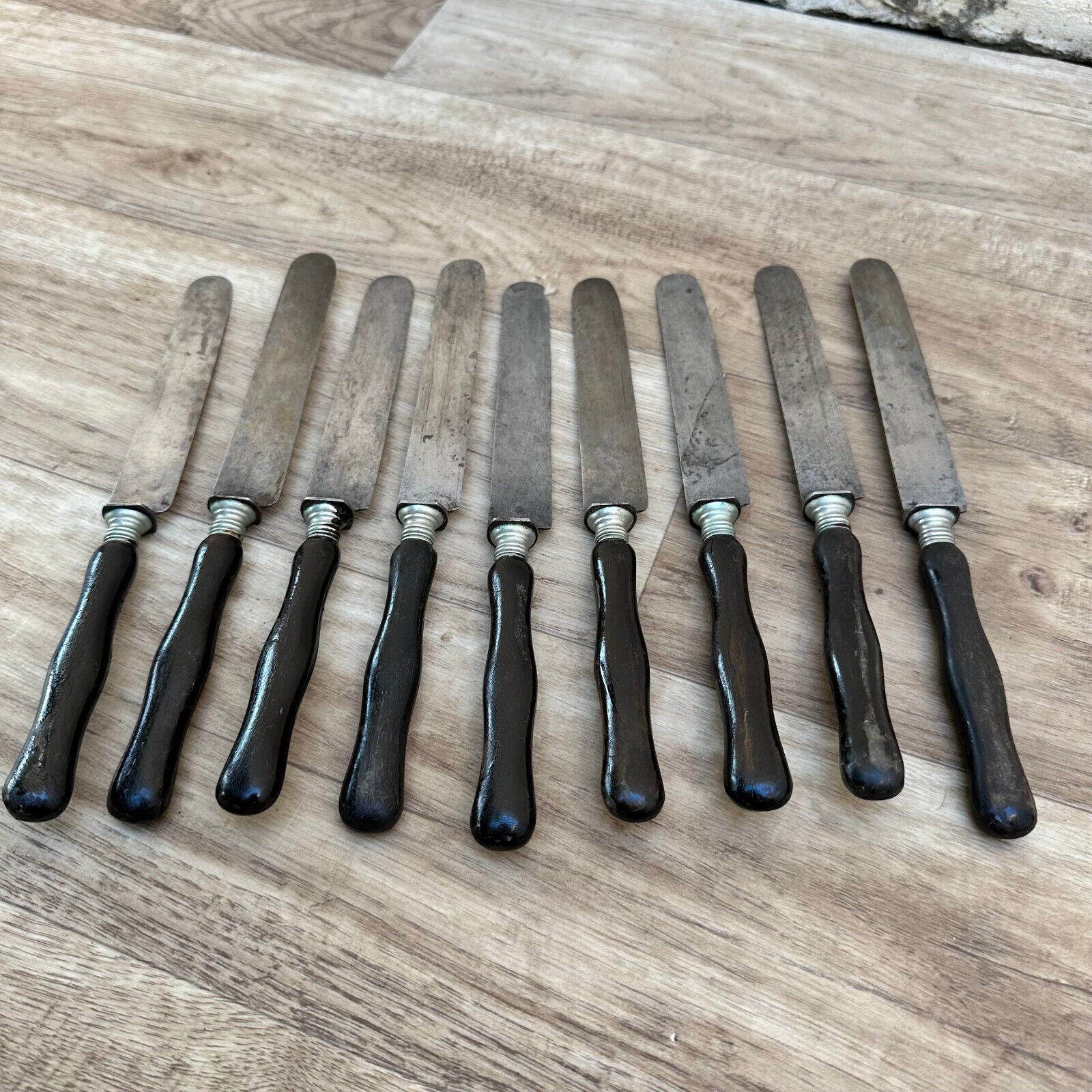 Antique French Dinner Knives Faux Ebony Horn Handles Silver Collar 12pcs 2608234 - Fleamarketfrance