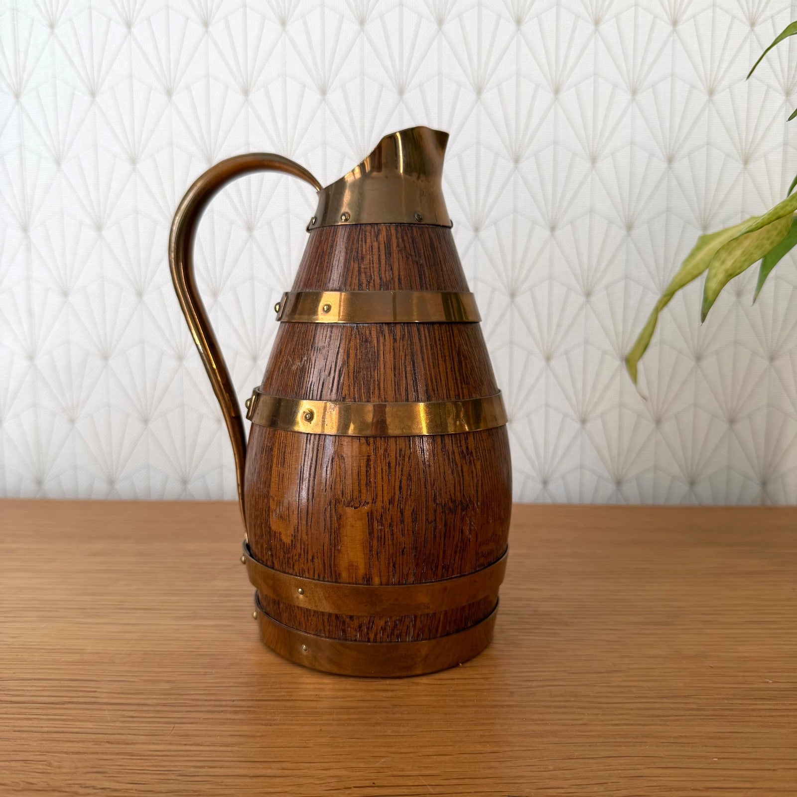 Antique French Oak Brass Wine Pitcher Staved Wood Cider Jug 1407261 Fleamarketfrance