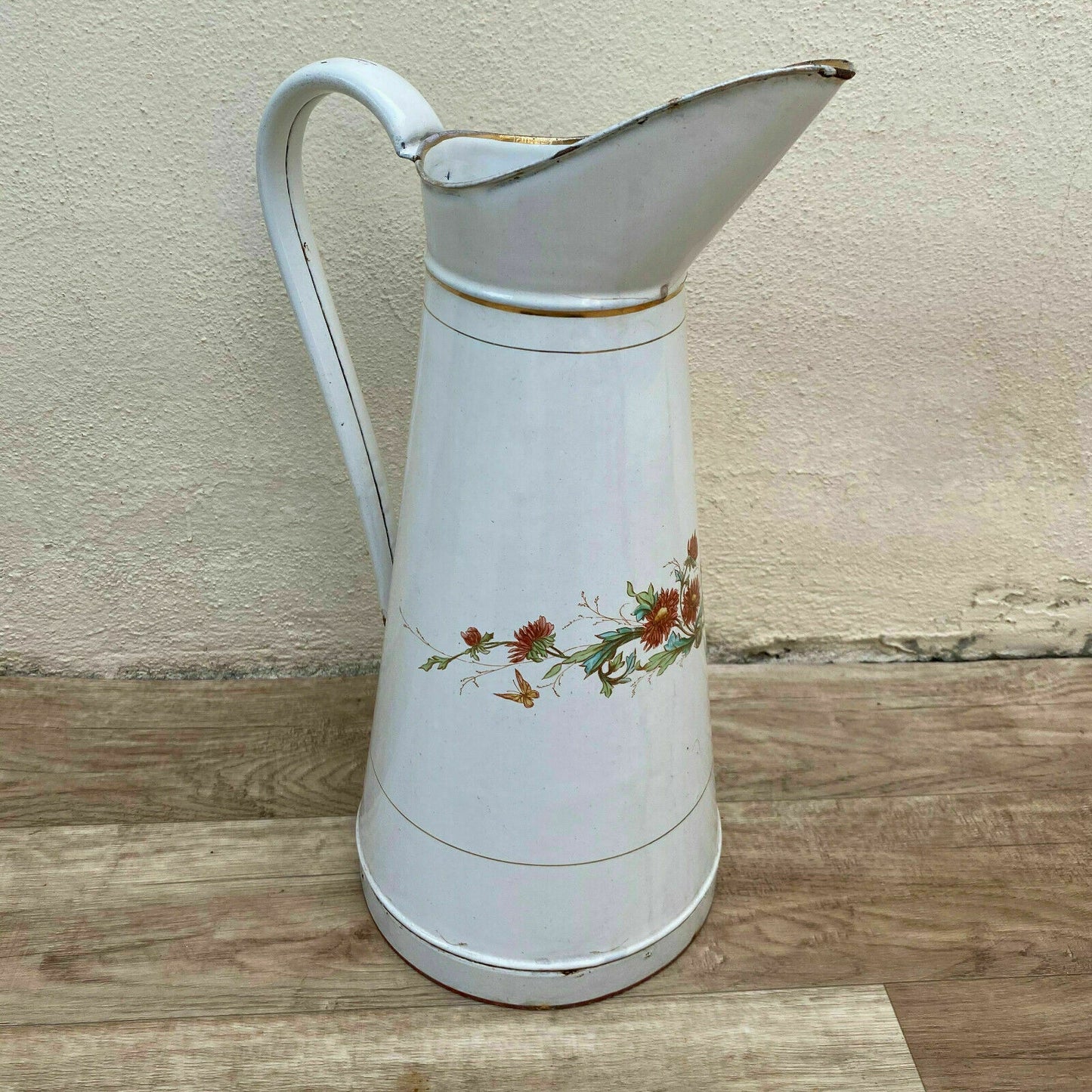Vintage French Enamel Pitcher Japy White Floral Water Jug 41cm 08112011 Japy