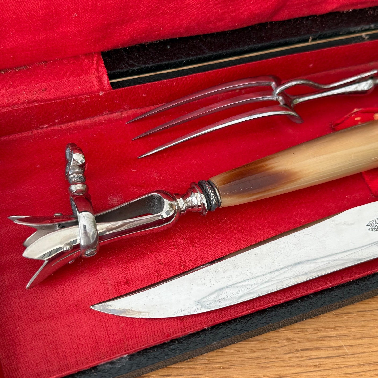 French Carving Set Vintage 3 Piece Horn Handle Gigot Service Box 1807256 Fleamarketfrance