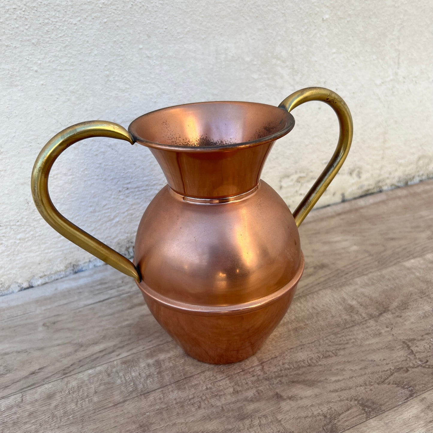French Copper Pitcher Villedieu Brass Handles Vase 7" Normandy 26052229 Villedieu
