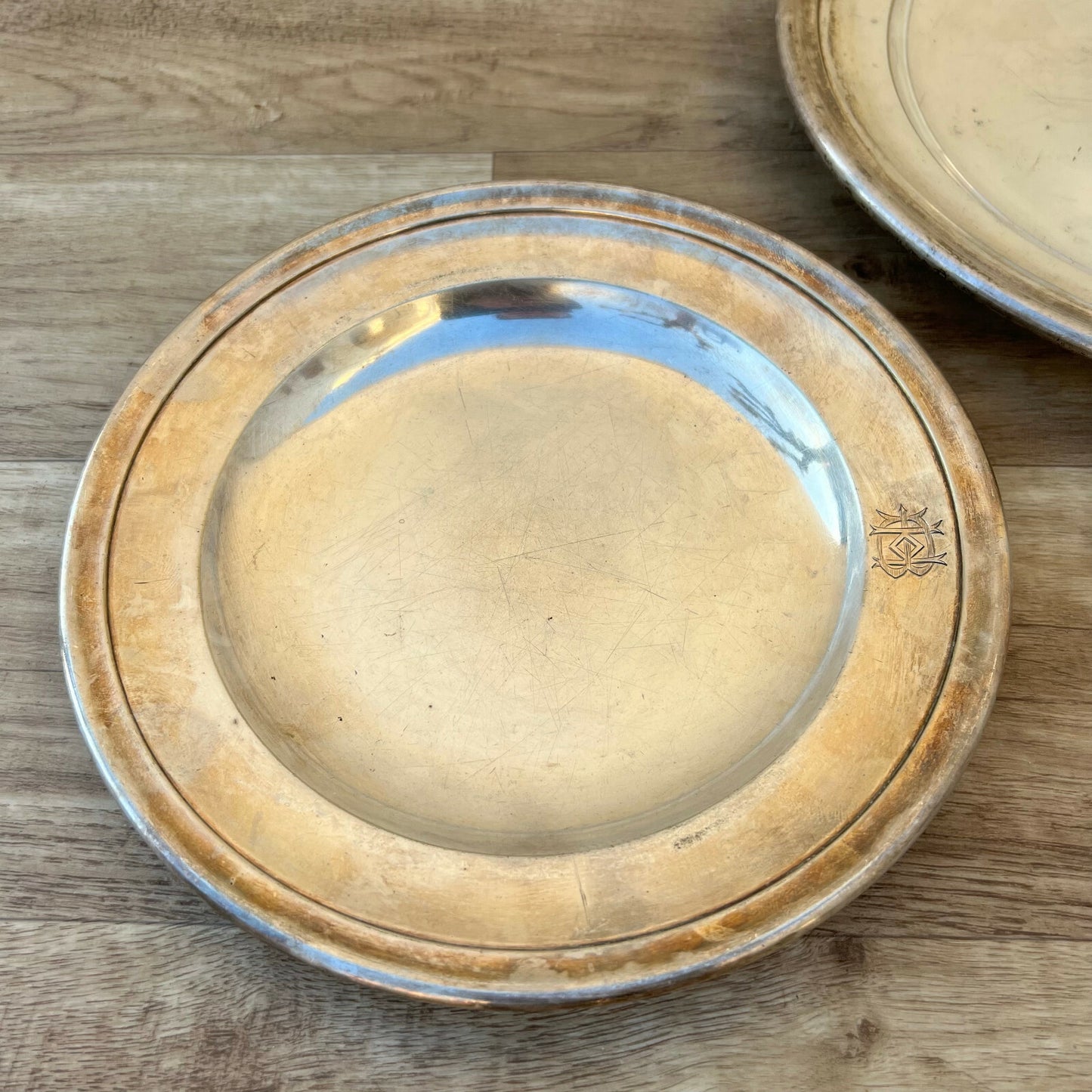 2 Vintage silverplate Serving Tray ROUND 9" 11 3/4" 01032215 CHRISTOFLE