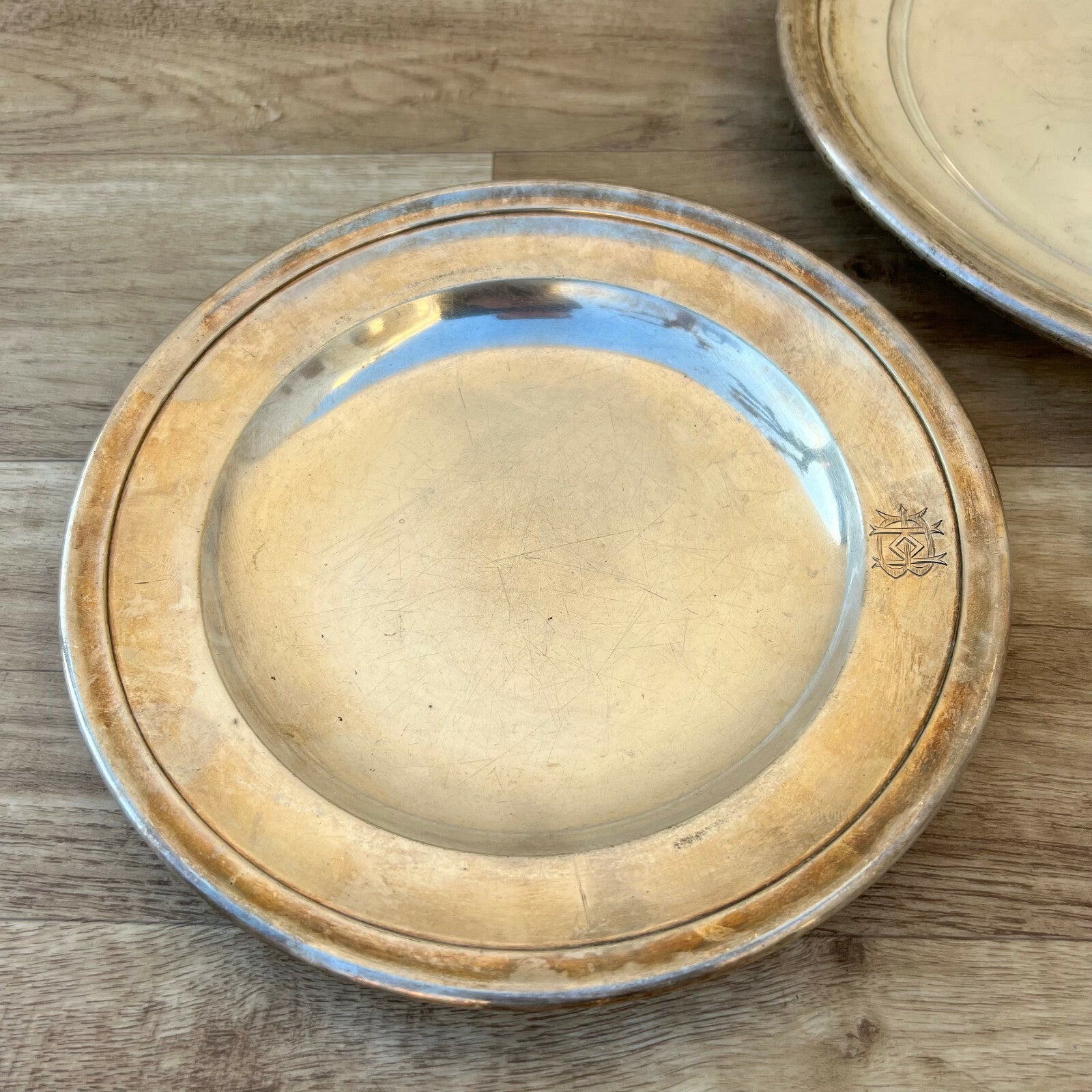 2 Vintage silverplate Serving Tray ROUND 9" 11 3/4" 01032215 CHRISTOFLE