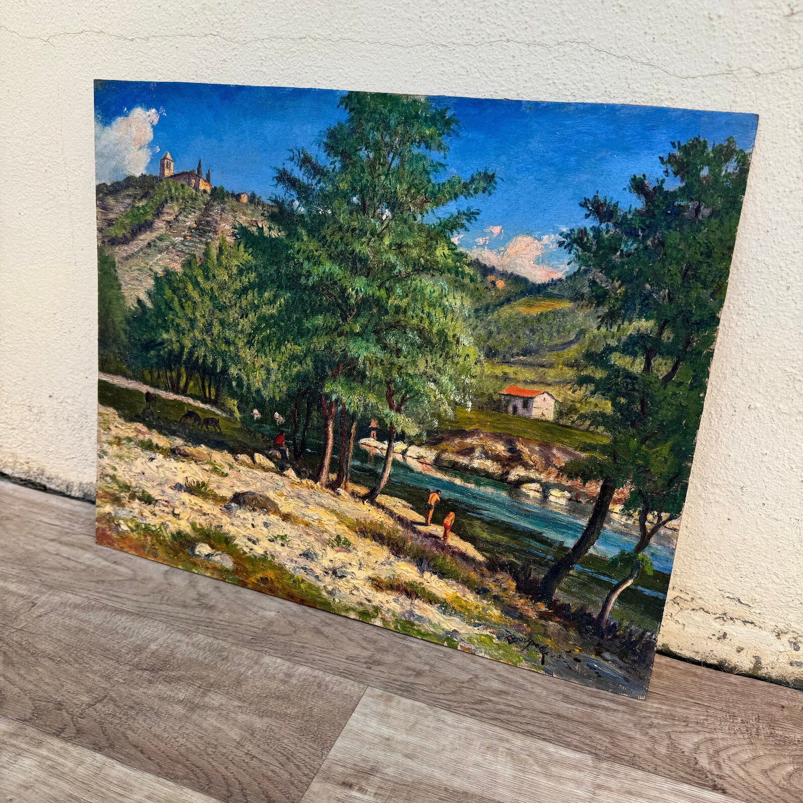 Vintage French Oil Painting Provence River Landscape Signed Wood 0706248 Fleamarketfrance
