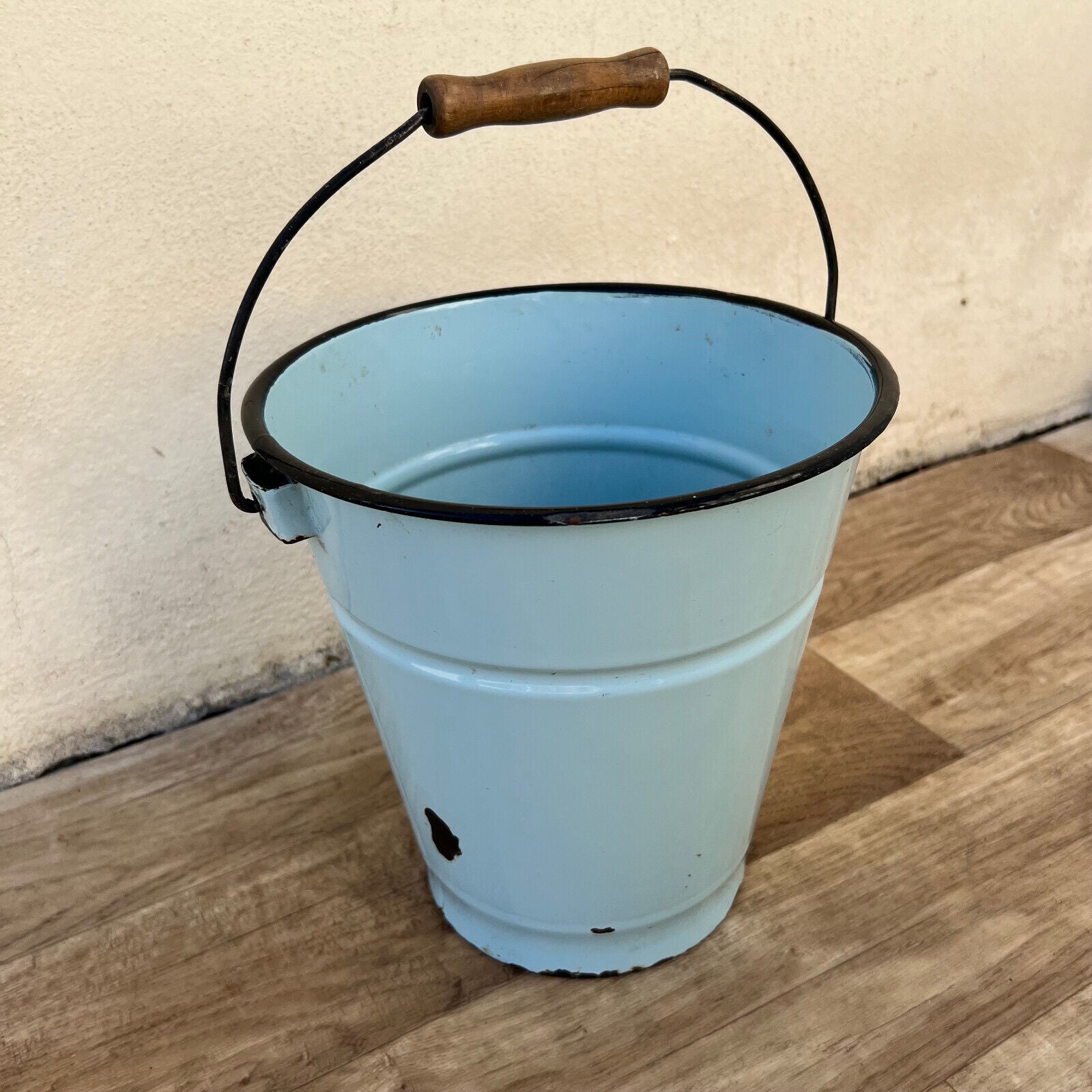French Enamel Bucket Blue Water Pail Wooden Handle Vintage 17072210 Fleamarketfrance
