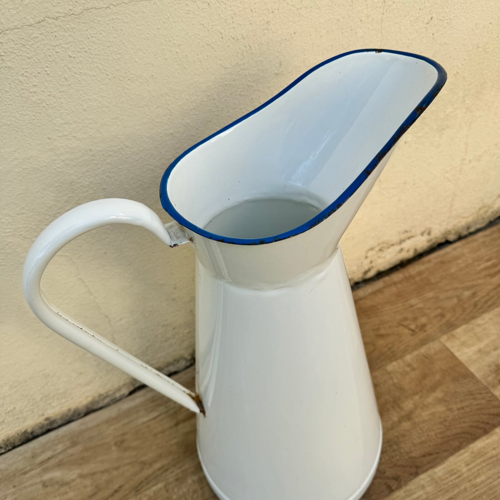 Vintage French Enamel Pitcher White Blue Trim Water Jug Farmhouse 1906249 Fleamarketfrance