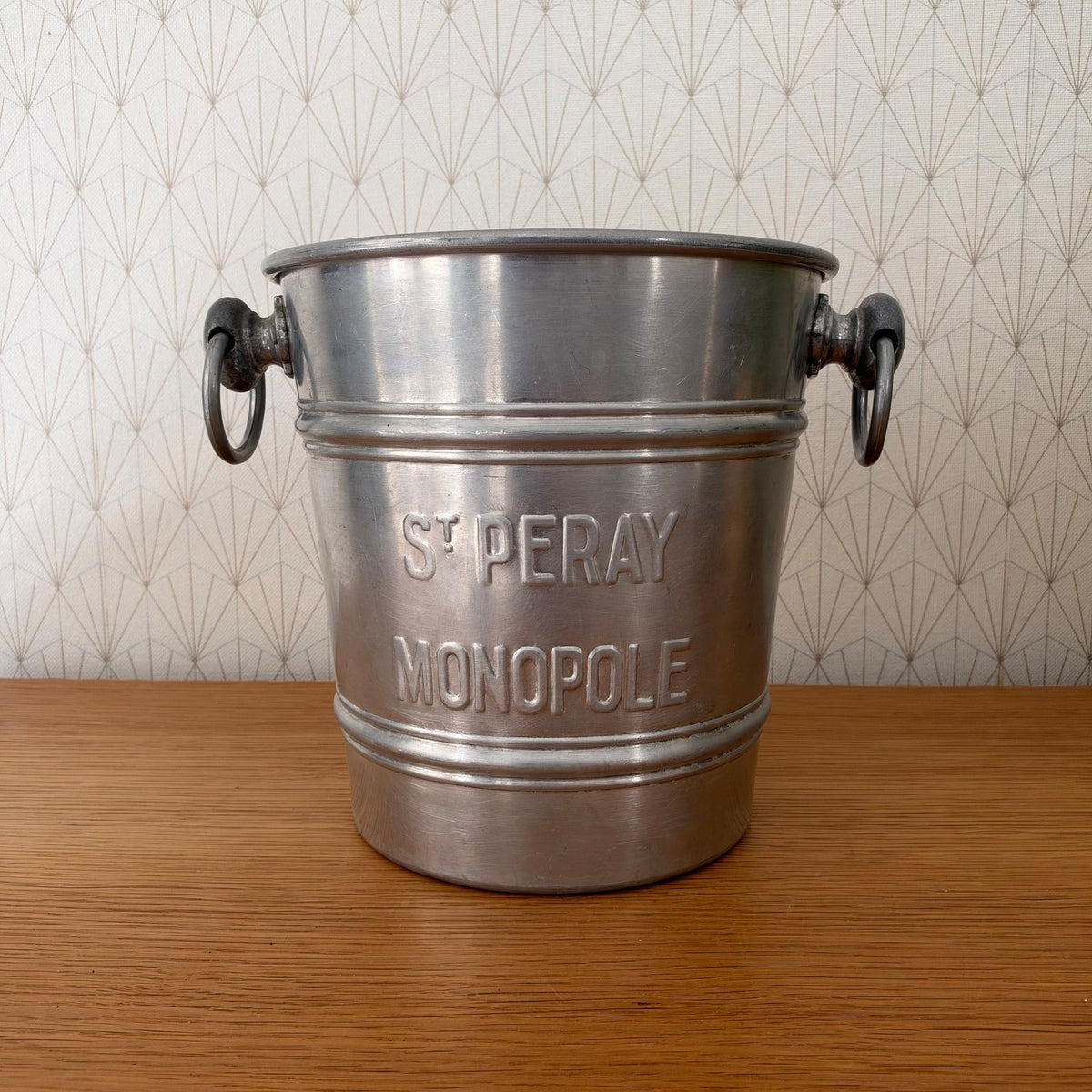 Full front view of authentic French St Peray Monopole restaurant-grade champagne bucket with handles
