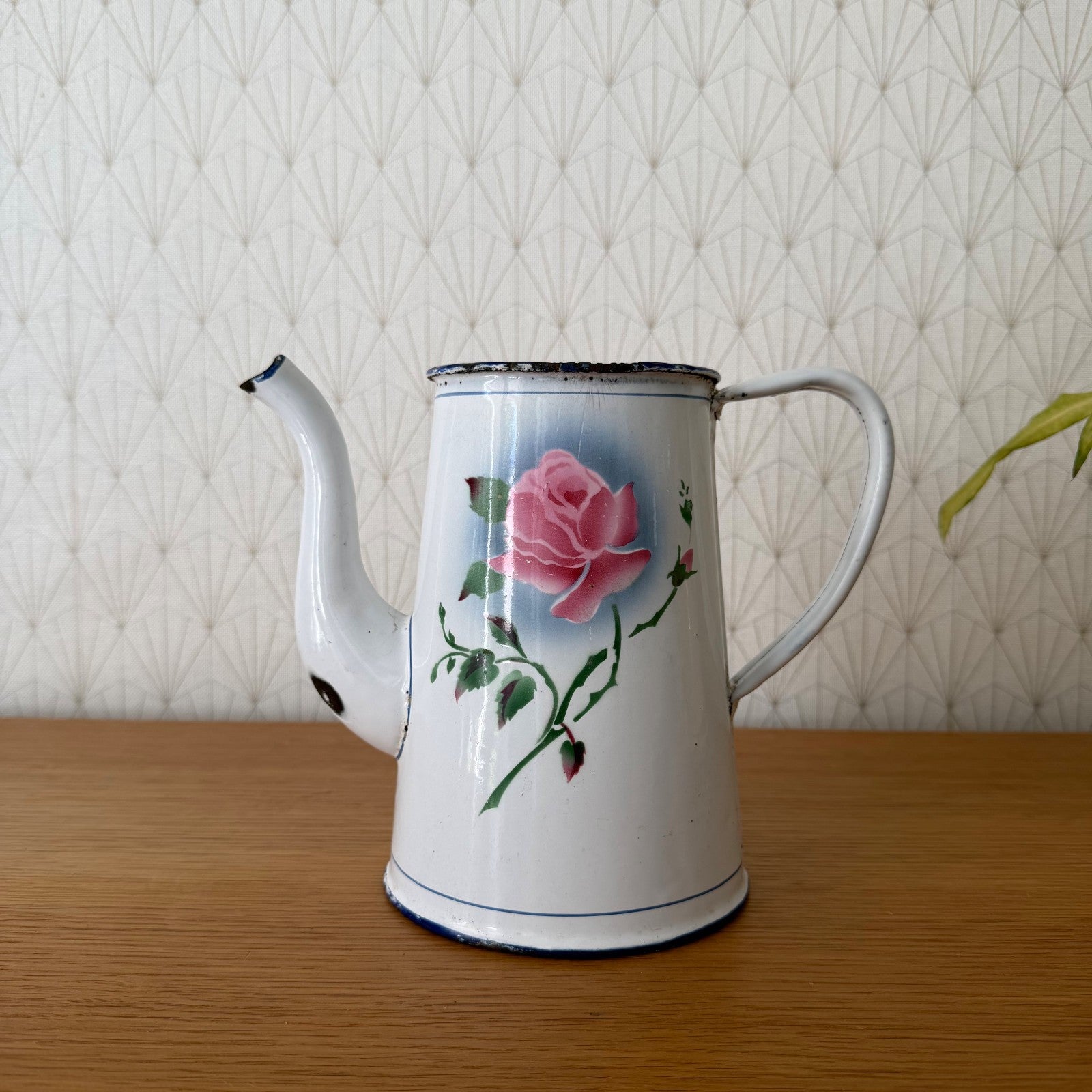 Vintage French Enamel Coffee Pot Rose Decor White Blue Trim 0708267 Fleamarketfrance