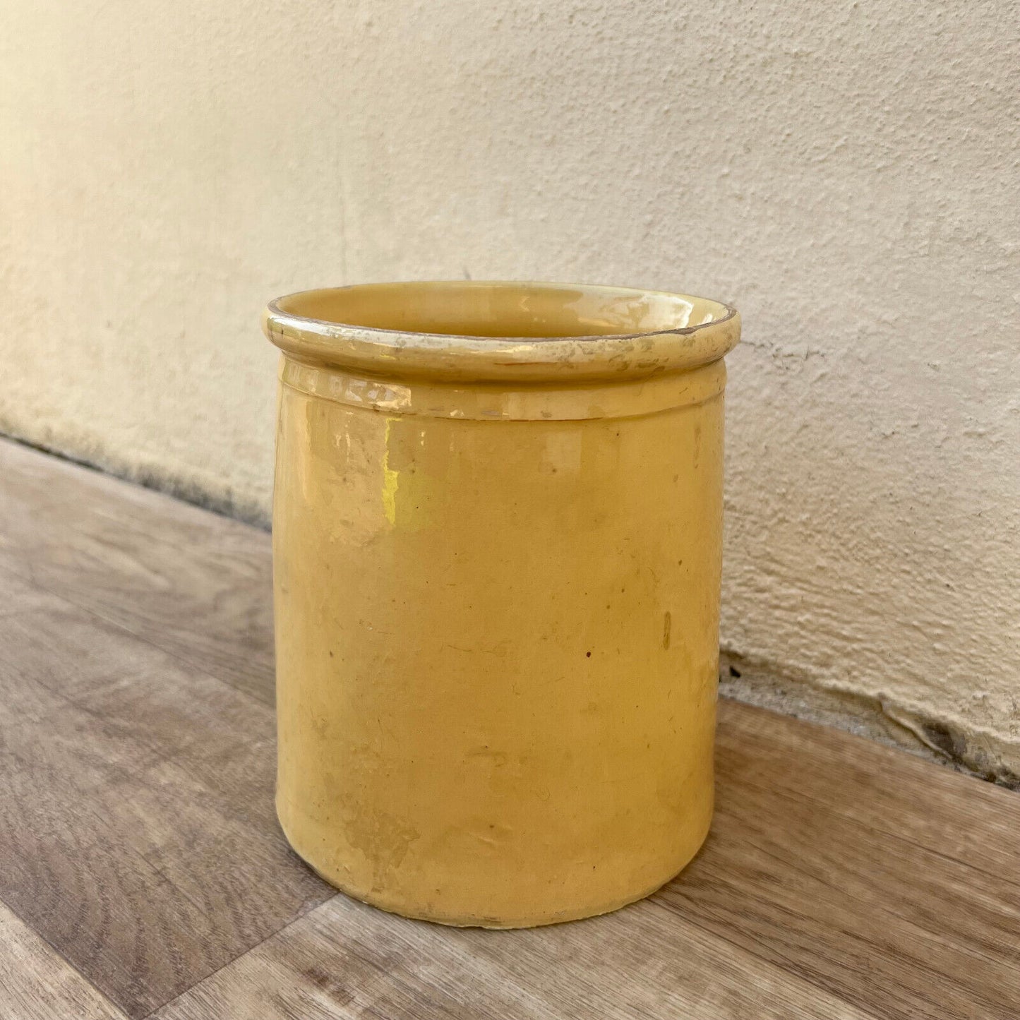 HANDMADE GLAZED YELLOW ANTIQUE FRENCH CONFIT JAM POT 6 3/4" TERRACOTTA  1210249 - Fleamarketfrance