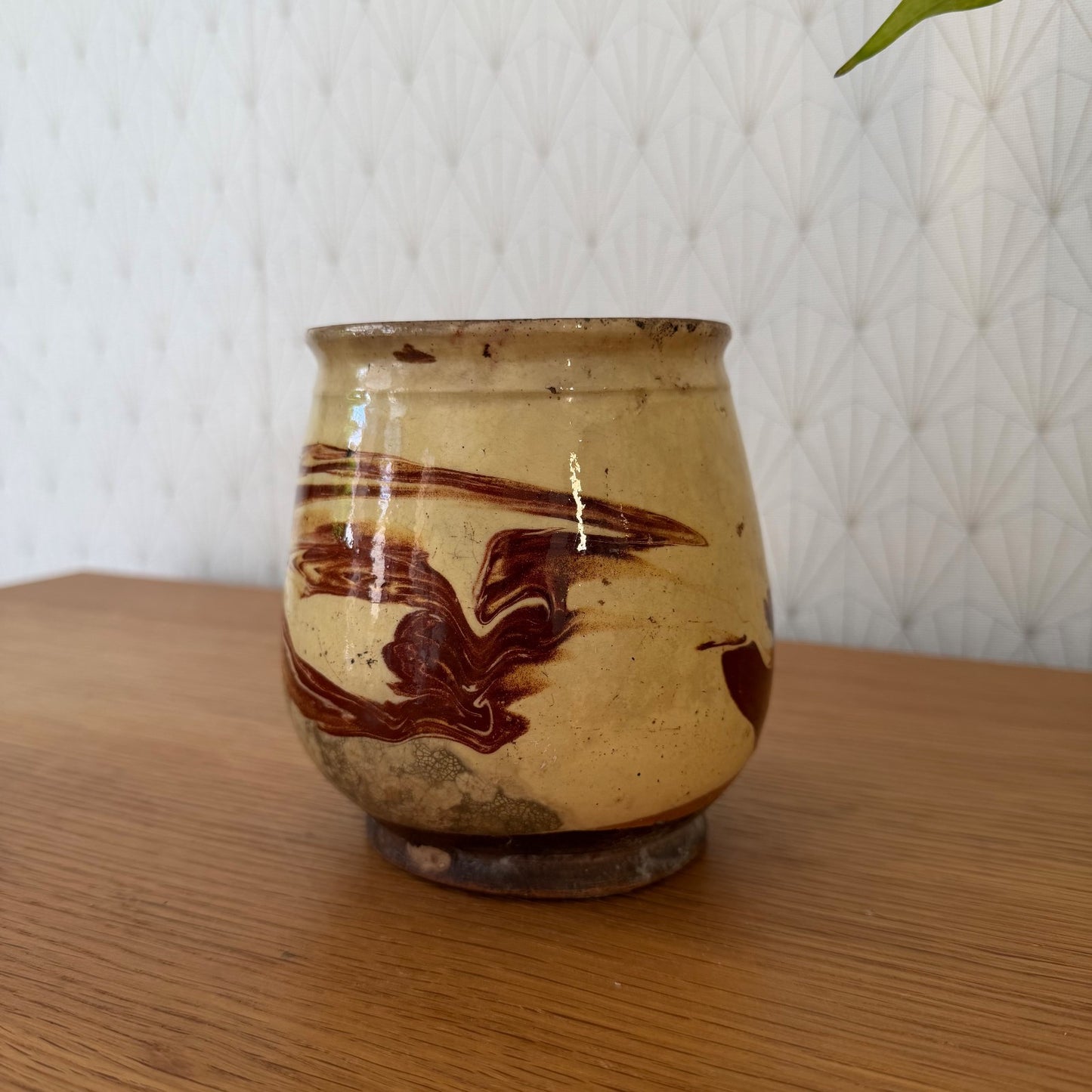Vintage French Honey Pot Glazed Terracotta Yellow Marbled Brown Round 1006264 Unmarked