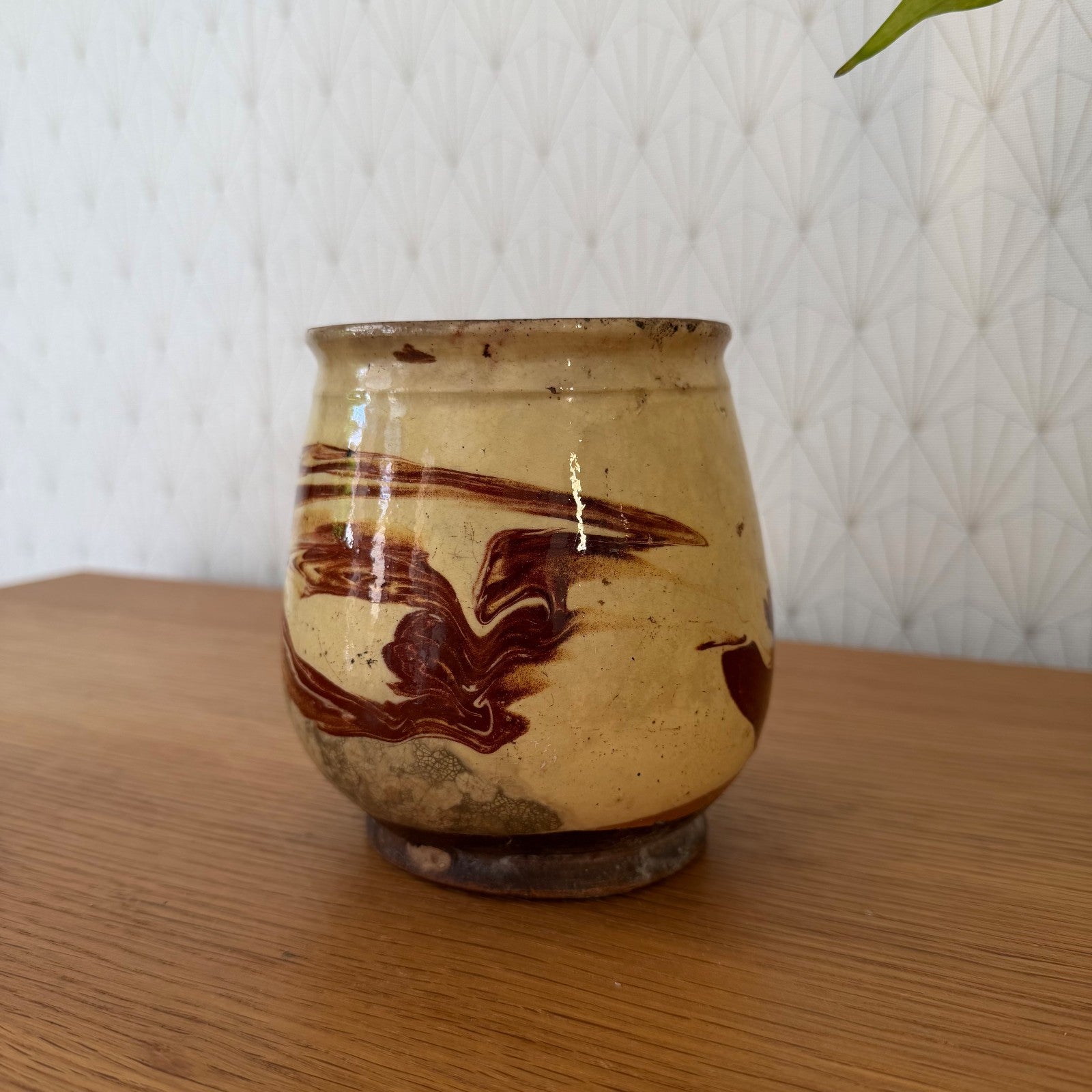 Vintage French Honey Pot Glazed Terracotta Yellow Marbled Brown Round 1006264 Unmarked