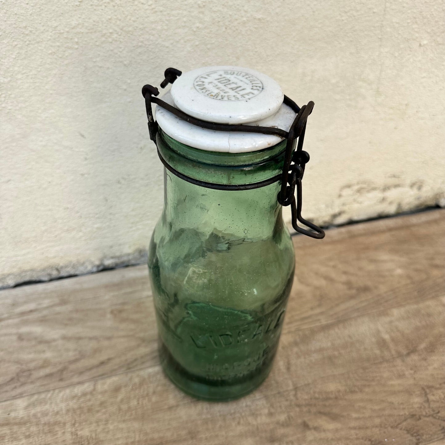 French L'Ideal Canning Jar Green Glass Porcelain Lid Vintage 10" 2206232 Fleamarketfrance