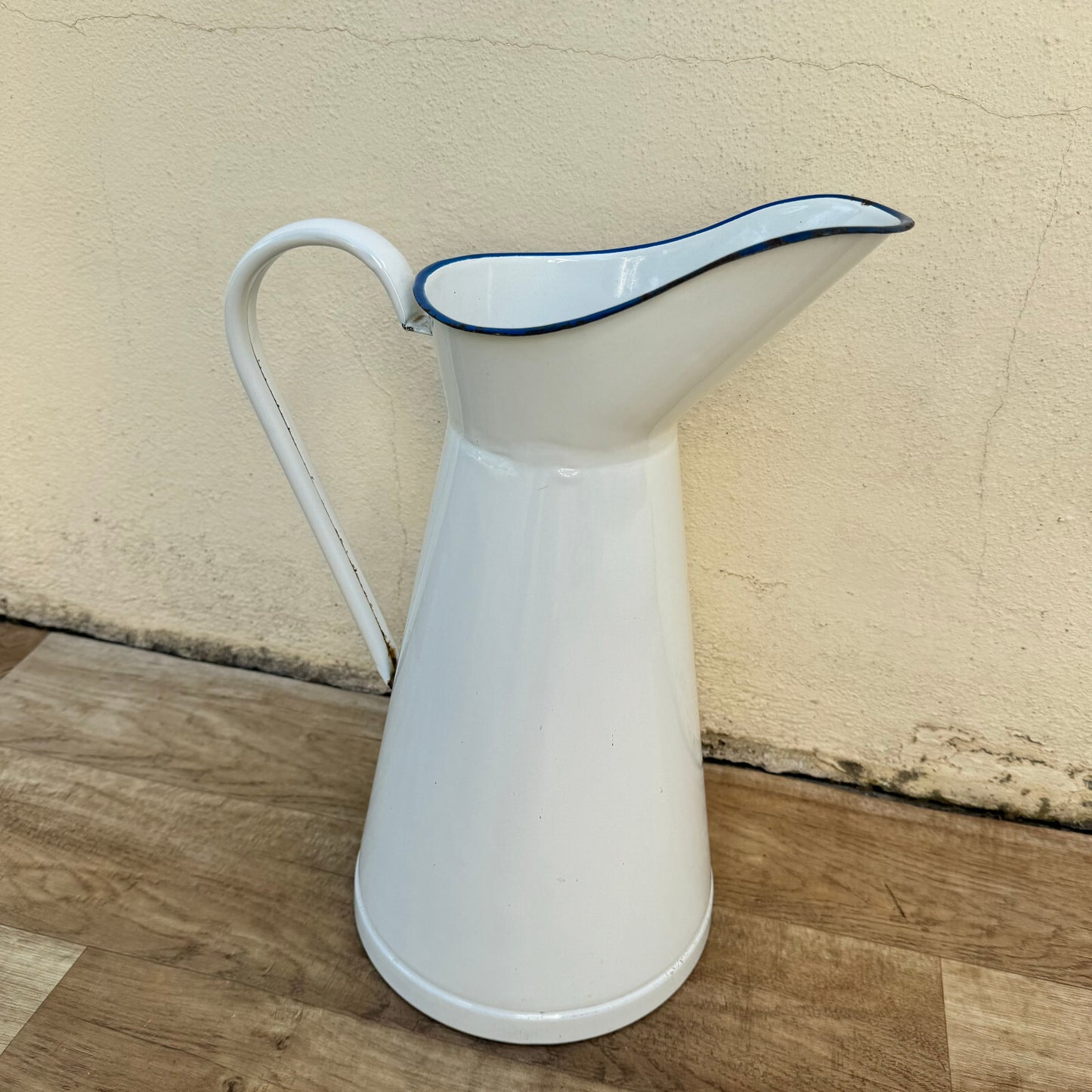 Vintage French Enamel Pitcher White Blue Trim Water Jug Farmhouse 1906249 Fleamarketfrance
