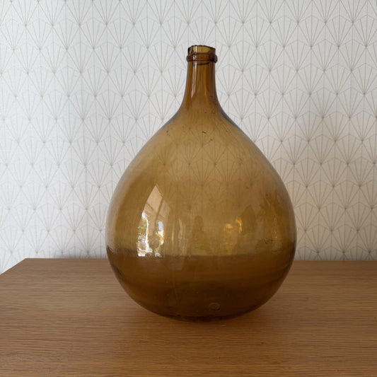 Antique French Dame Jeanne amber glass demijohn wine bottle, full view