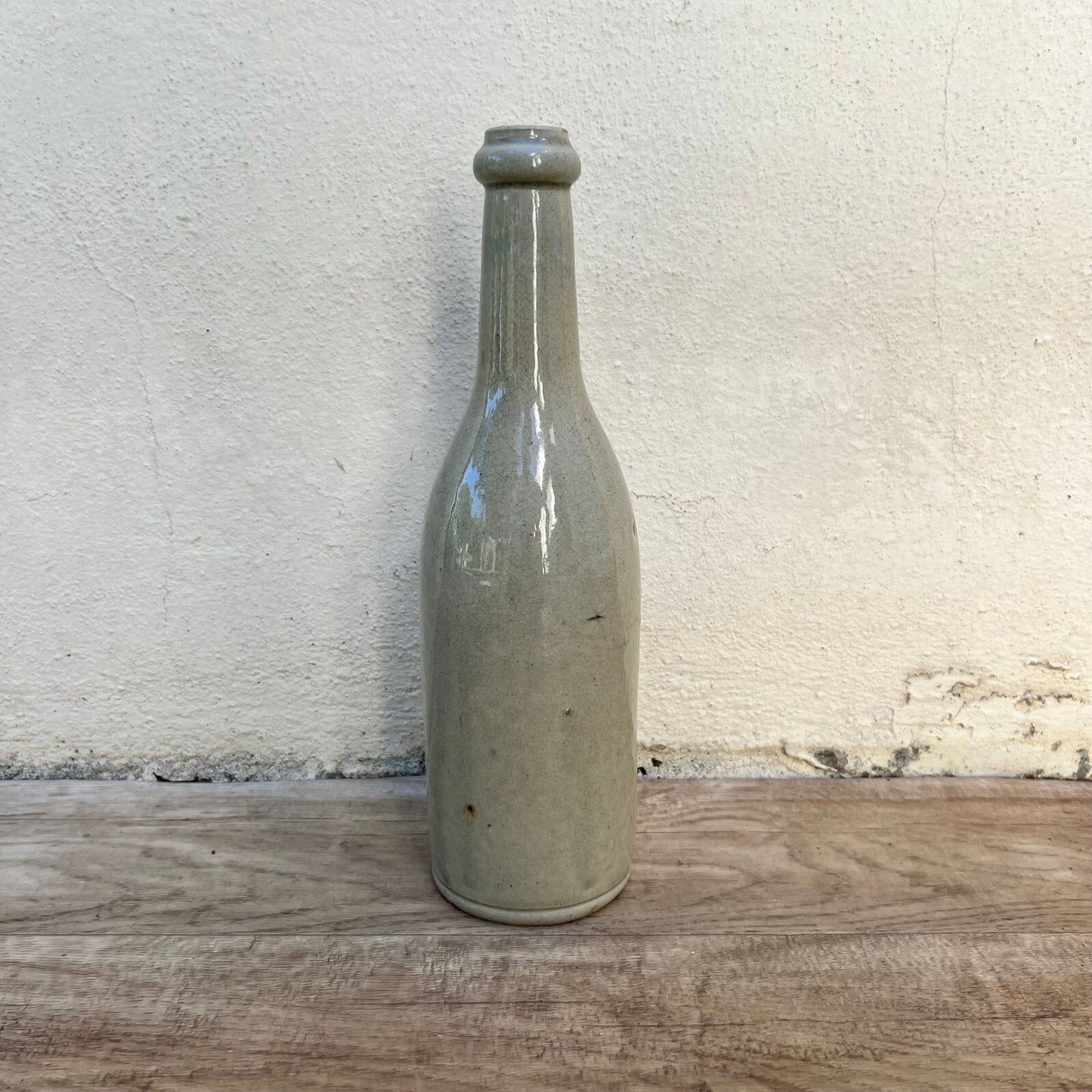 French Stoneware Bottle Vintage Wine Water Jug Green Glaze 11.5" 0610249 Unmarked