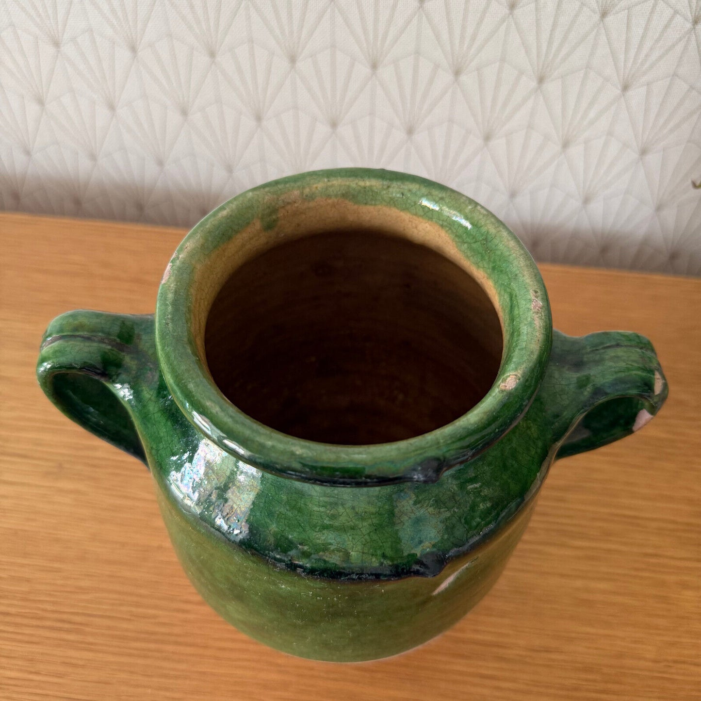 RARE HANDMADE GLAZED GREEN ANTIQUE FRENCH CONFIT POT SMALL TERRACOTTA 2302255 - Fleamarketfrance