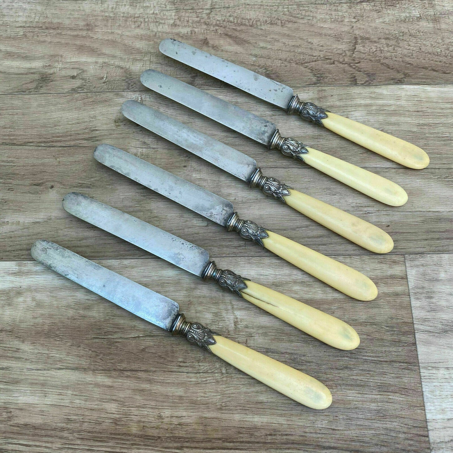 Vintage French Dessert Knives Bone Handles Silver Collars Racine 0708206 Fleamarketfrance