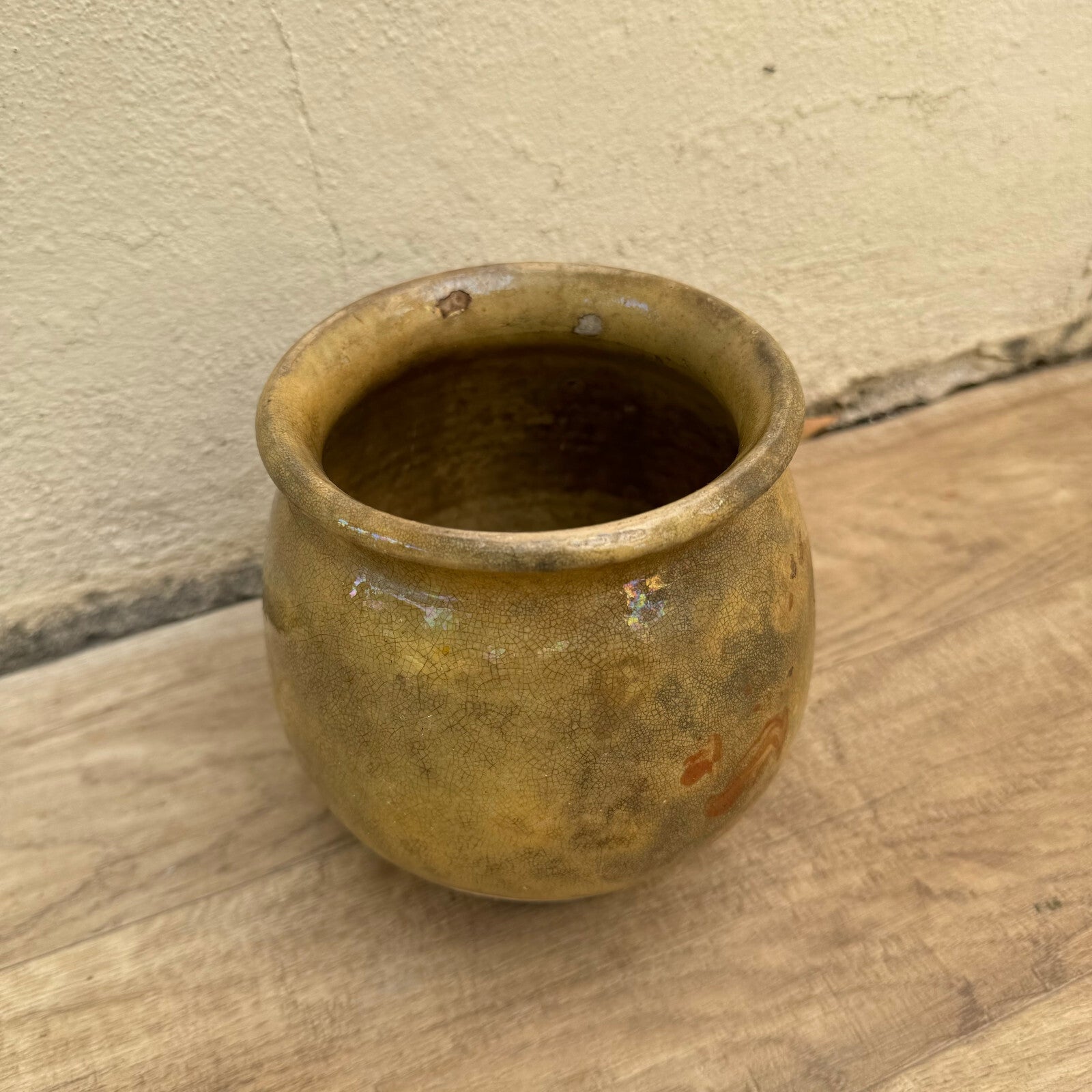 Antique French Confit Pot Glazed Terracotta Yellow Round 6" 3008242 Unmarked