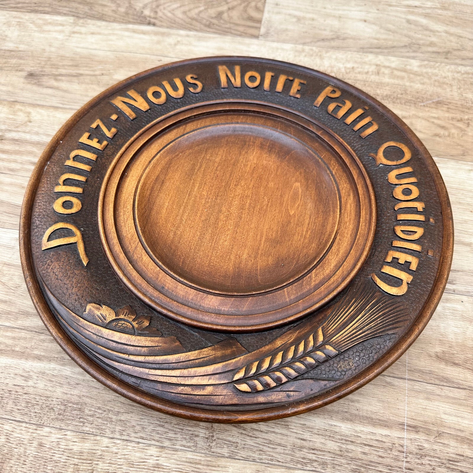 Antique French Bread Board Wood Carved Daily Bread Prayer 30cm 04052313 Unbranded