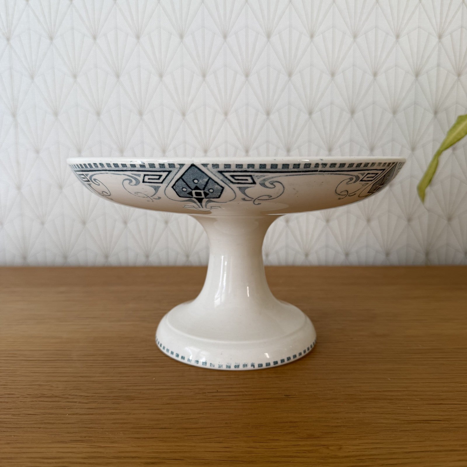 French Antique Sarreguemines Compote Pedestal Bowl Blue White 14072611 Fleamarketfrance