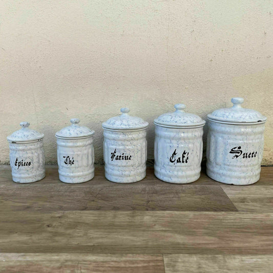 Vintage French Enamelware Canisters Set of 5 Kitchen Storage 0311218 Fleamarketfrance