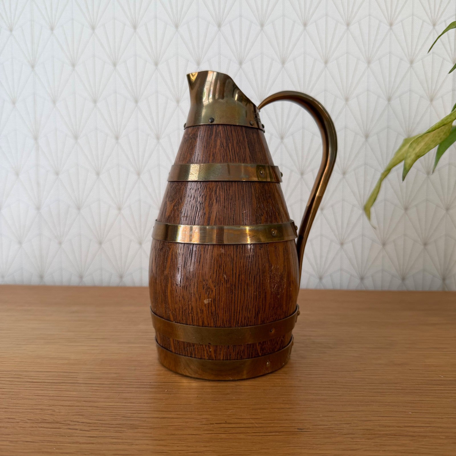 Antique French Oak Brass Wine Pitcher Staved Wood Cider Jug 1407261 Fleamarketfrance