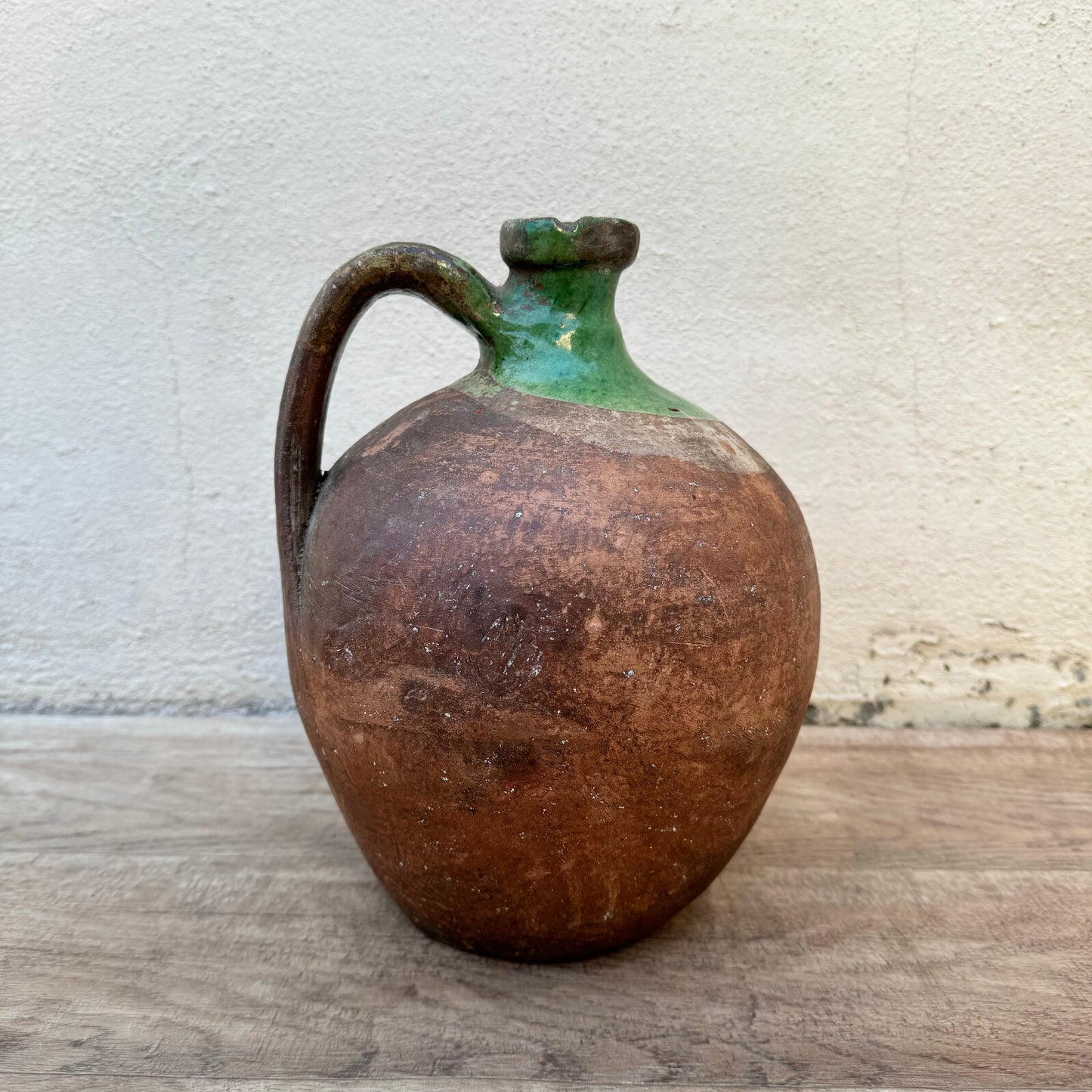 French Pottery Jug Vintage Terracotta Pitcher Green Glaze Country 2604241 Unmarked