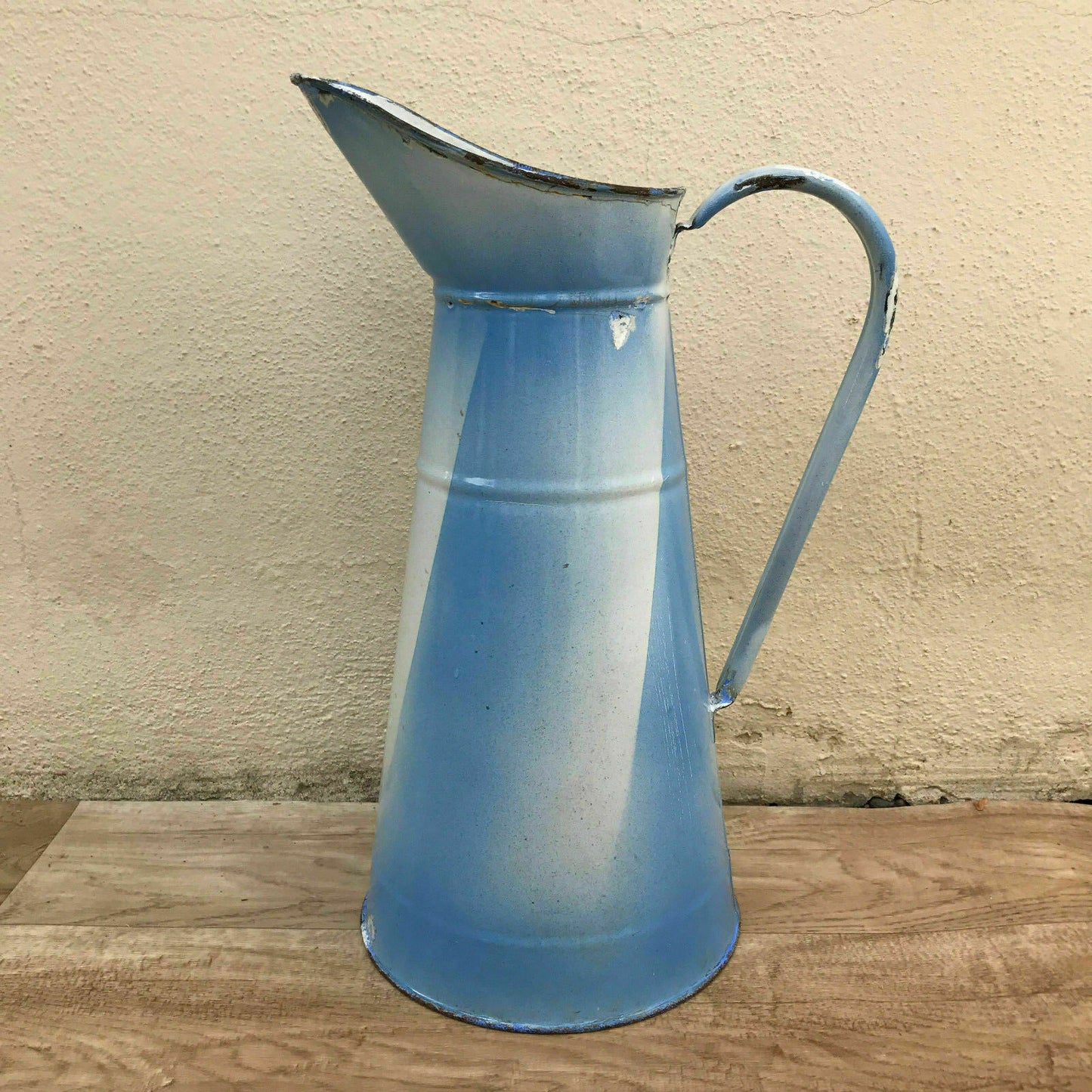 Vintage French Enamel pitcher jug water enameled white blue 3010179 - Fleamarketfrance