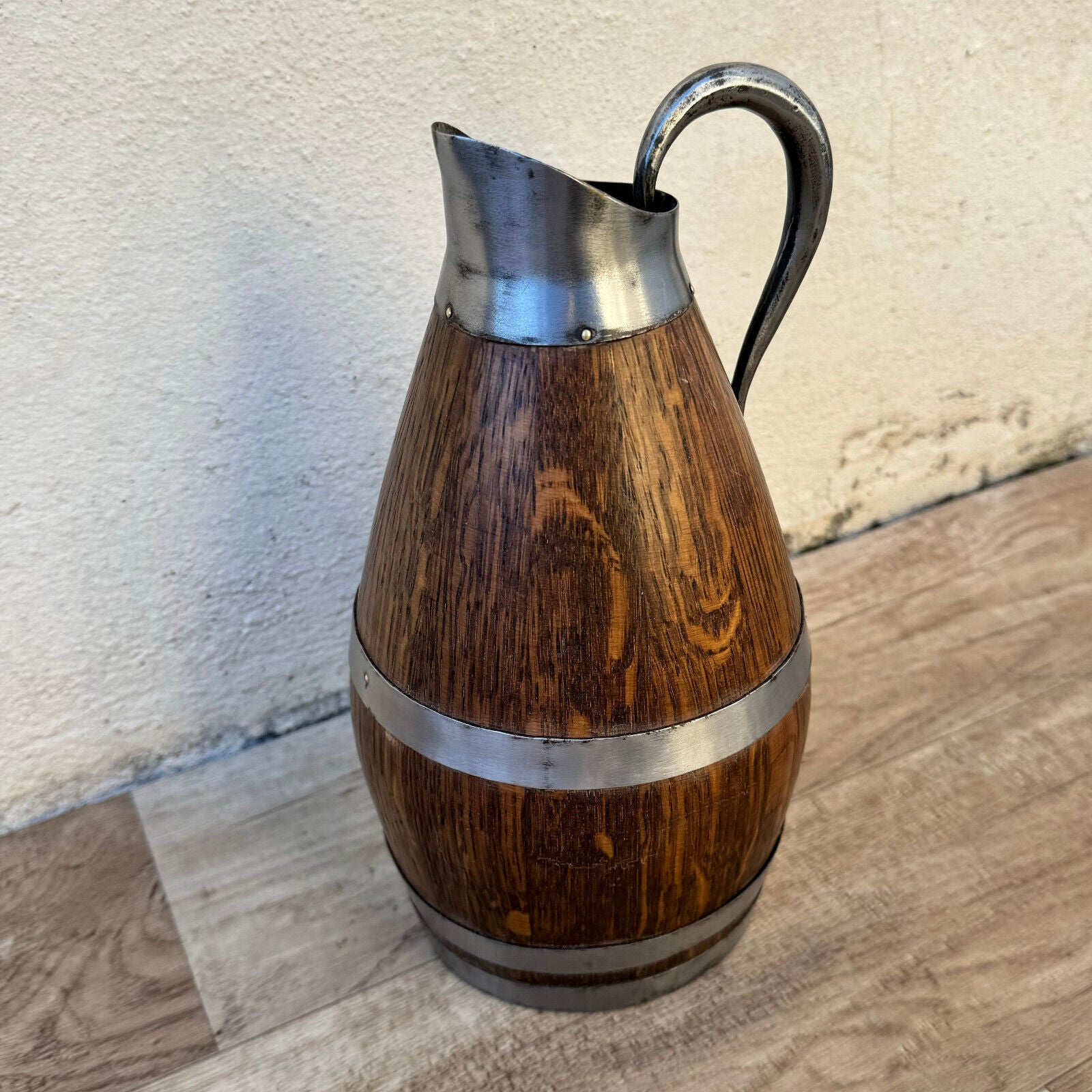 Vintage French Wooden Wine Cider Jug Pitcher Staved Wood Metal 9 3/4" 04052412 - Fleamarketfrance