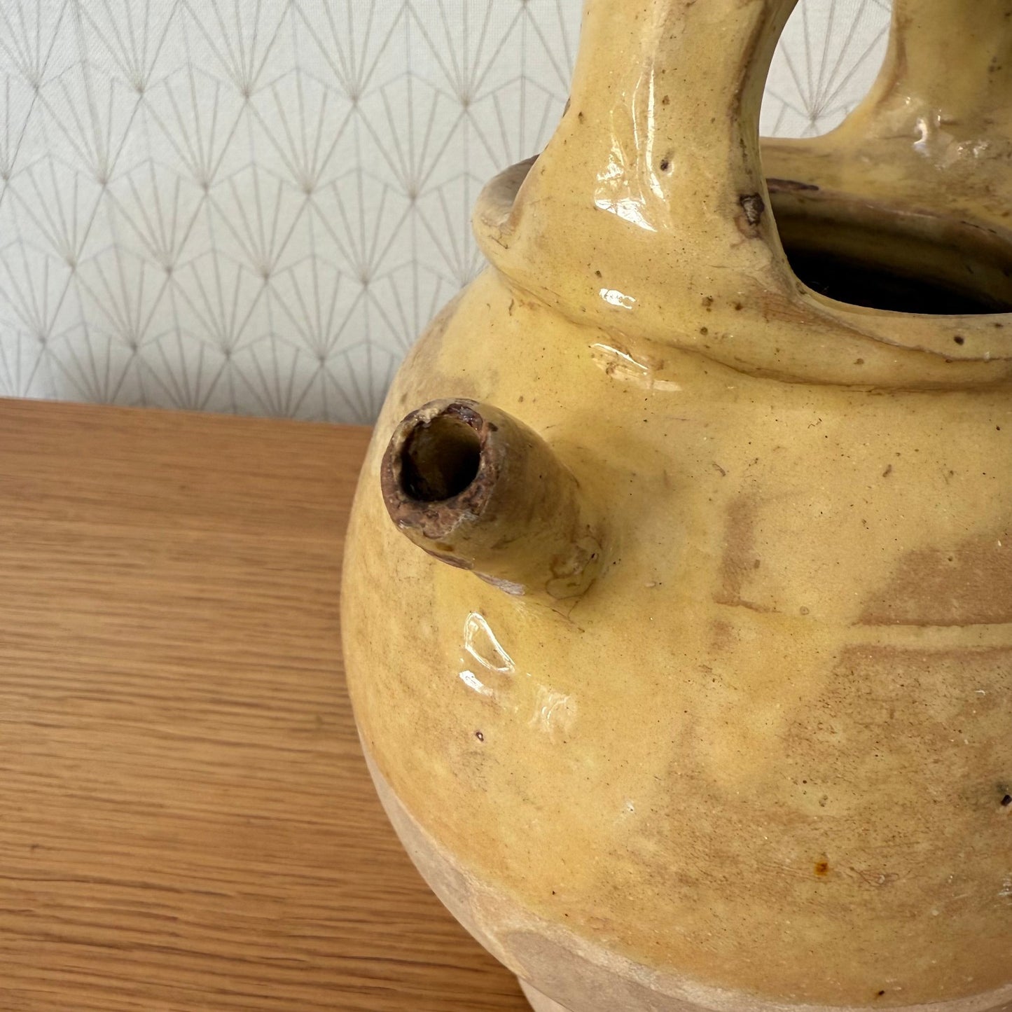 Antique French Yellow Glazed Terra-cotta Gargoulette Water Jug Confit 3008255