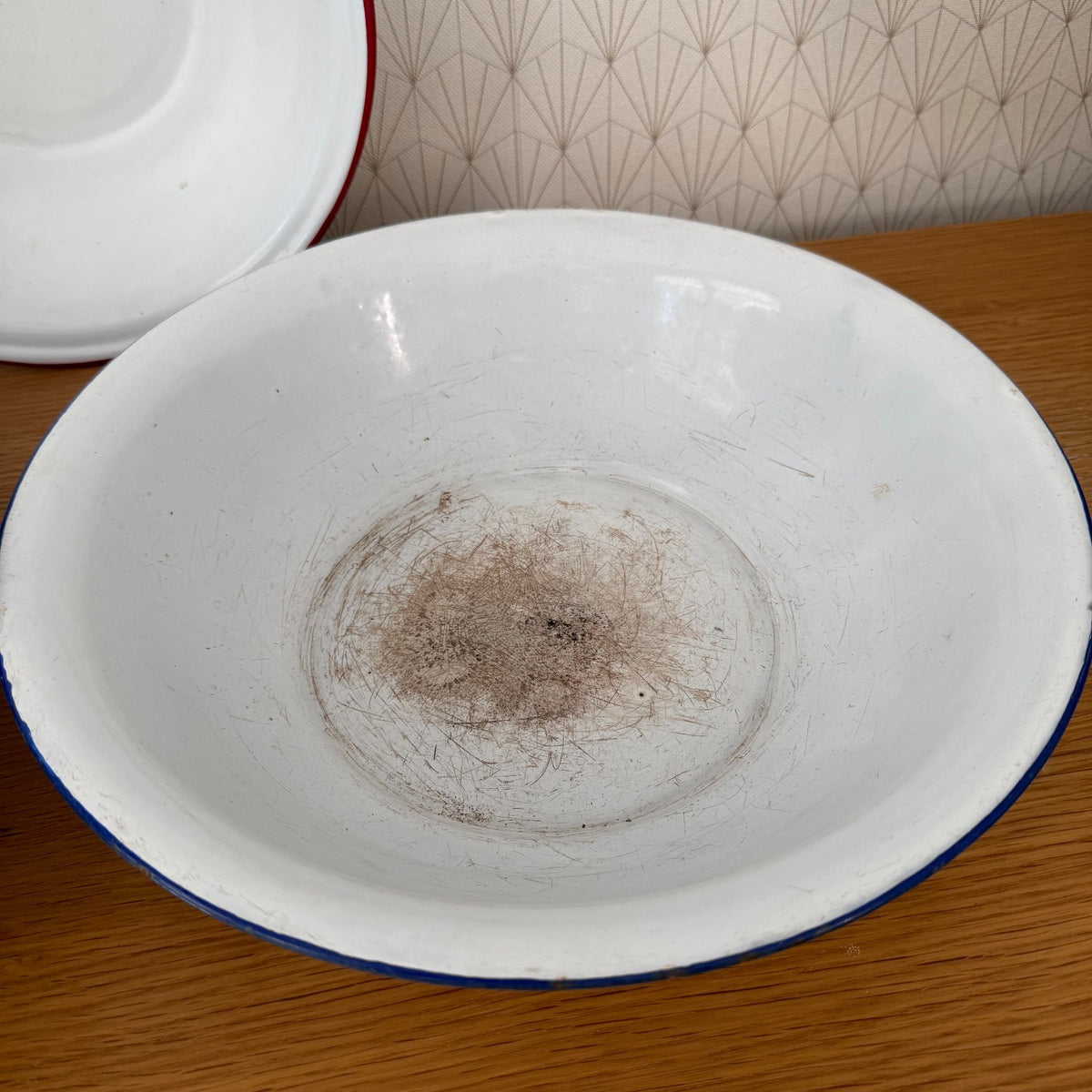 Set 3 French Enamel Basin Bowls White Blue Red Rim Vintage 04092630