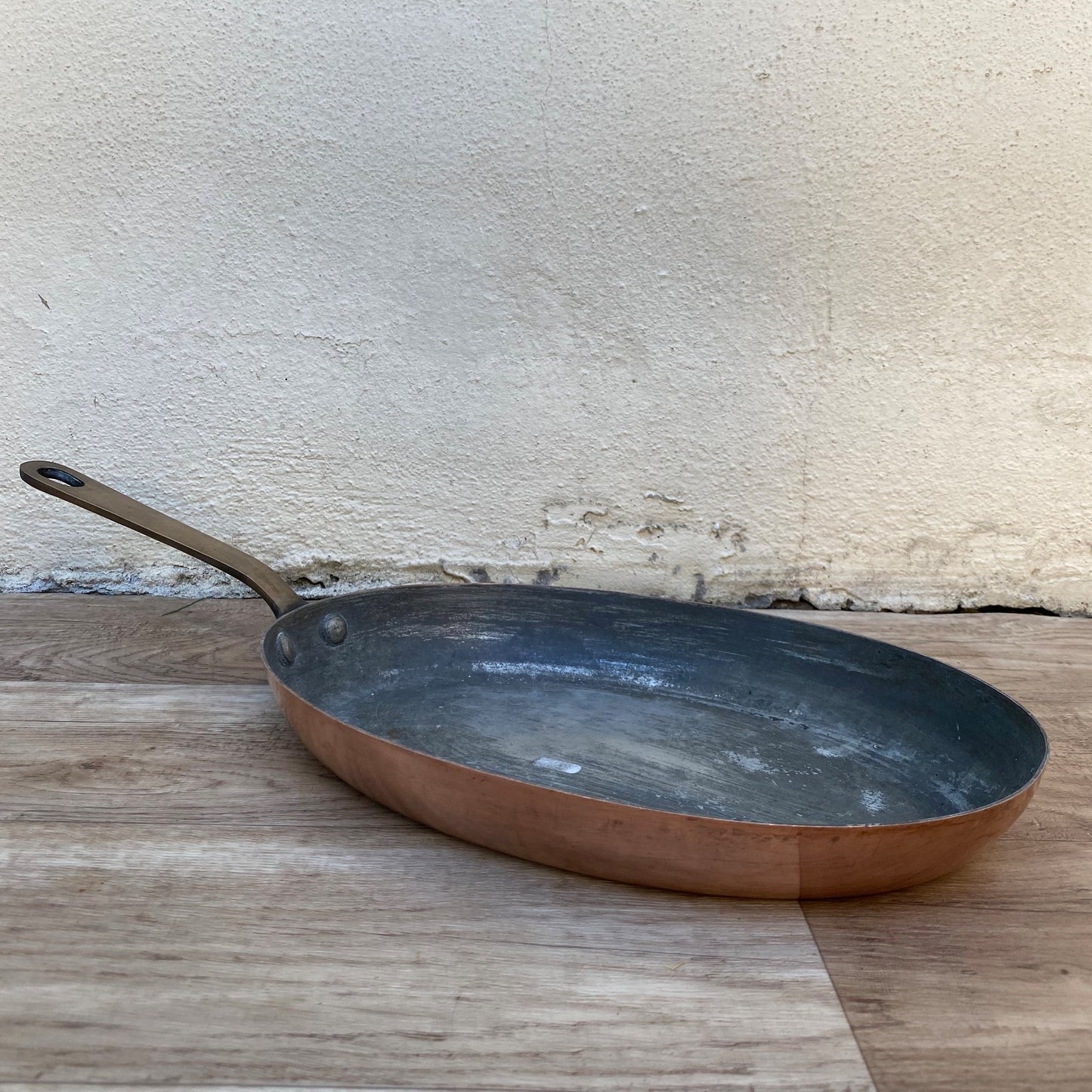 French Copper Oval Fish Pan Vintage Brass Handle Signed FRANCE 04072617 Unbranded