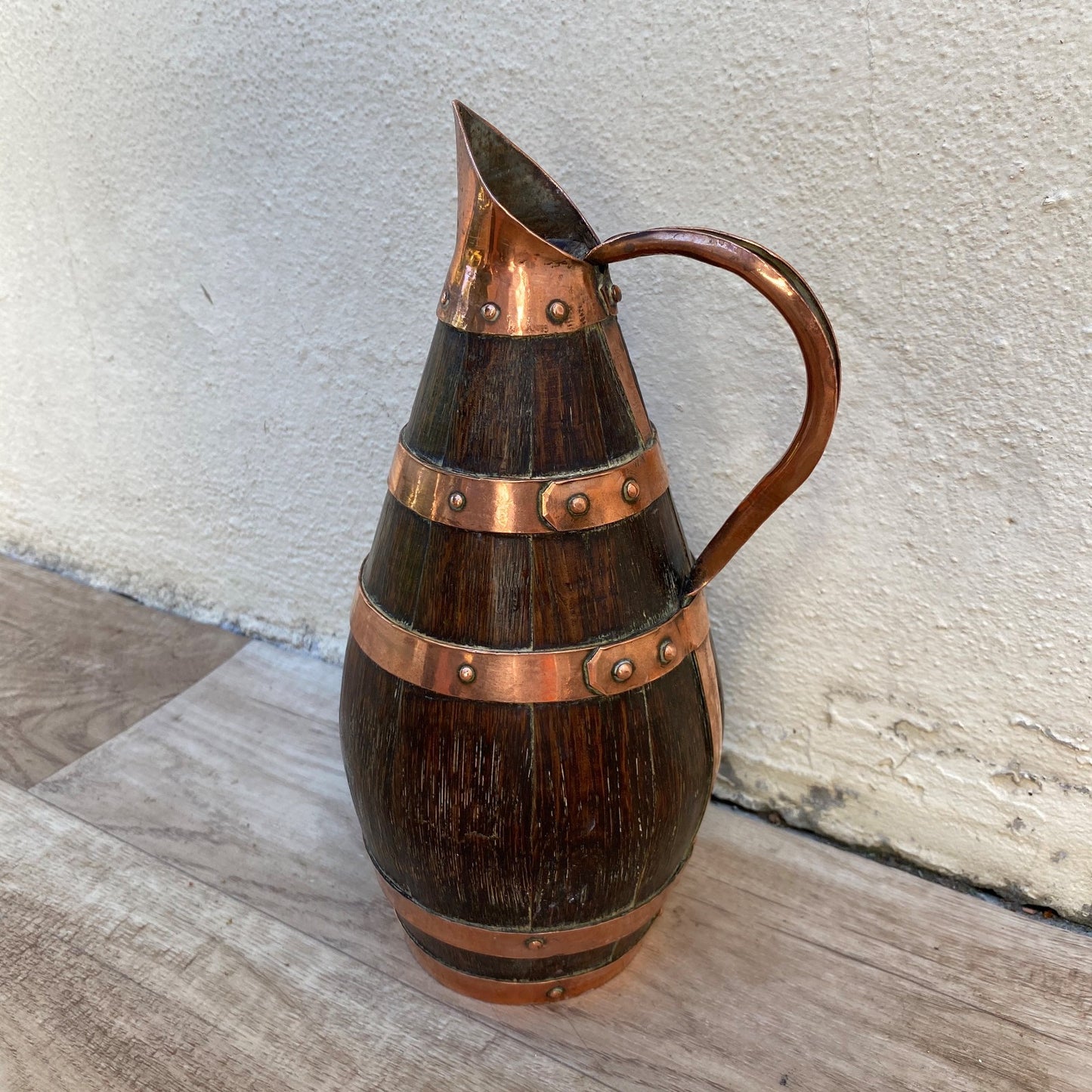 Antique French Oak Staved Wood Wine Pitcher Copper Bands Cider Jug 07072611 Fleamarketfrance